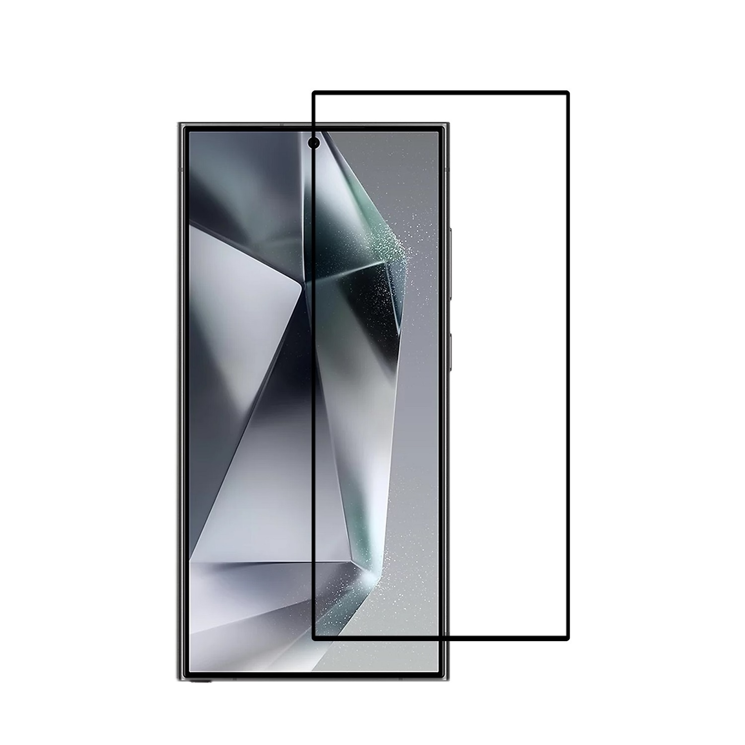 Displayschutzfolie für das Telefon mit transparentem Overlay. Das Telefon zeigt ein geometrisches Muster.