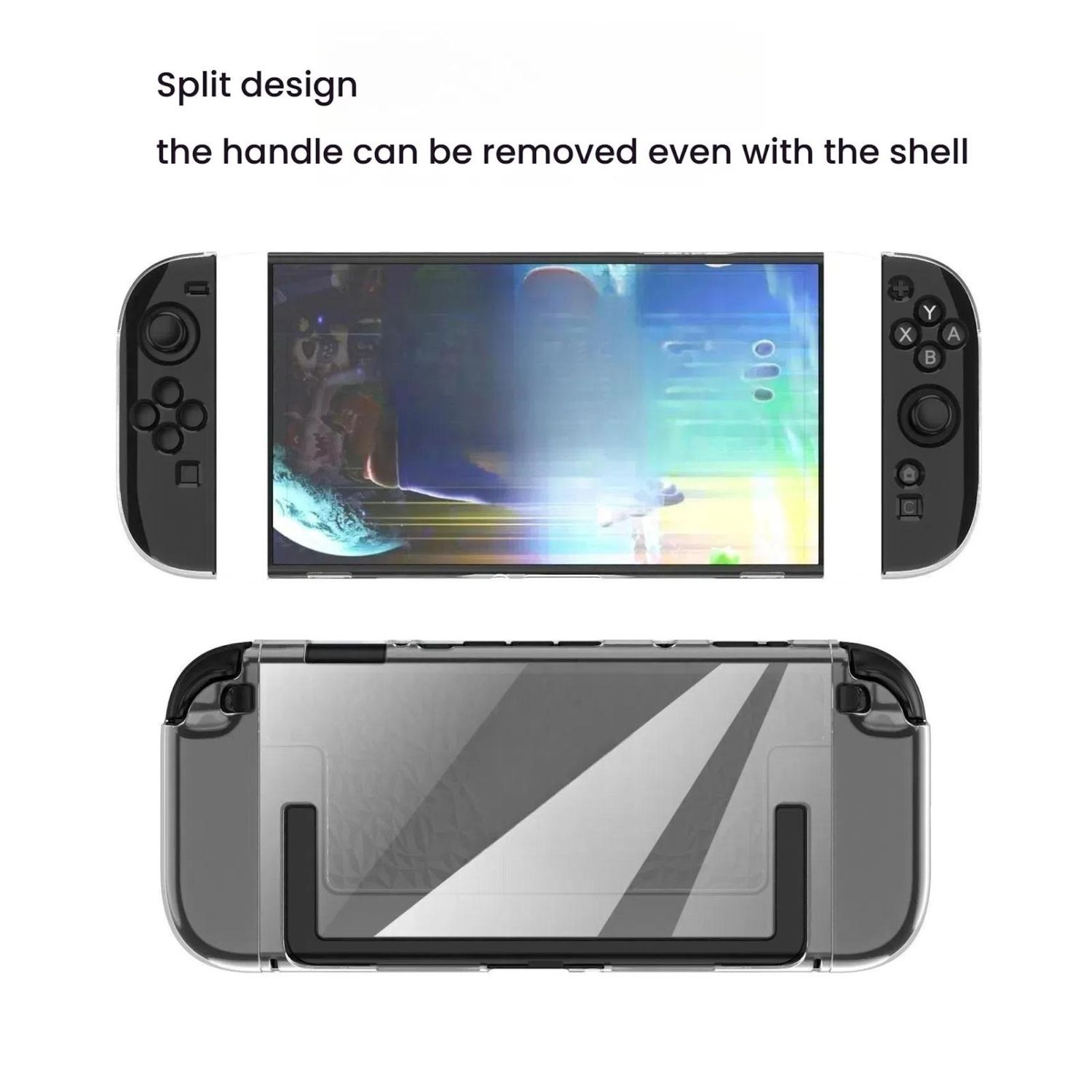 Funda de diseño dividido para Nintendo Switch, transparente y negra. El mango se puede quitar.