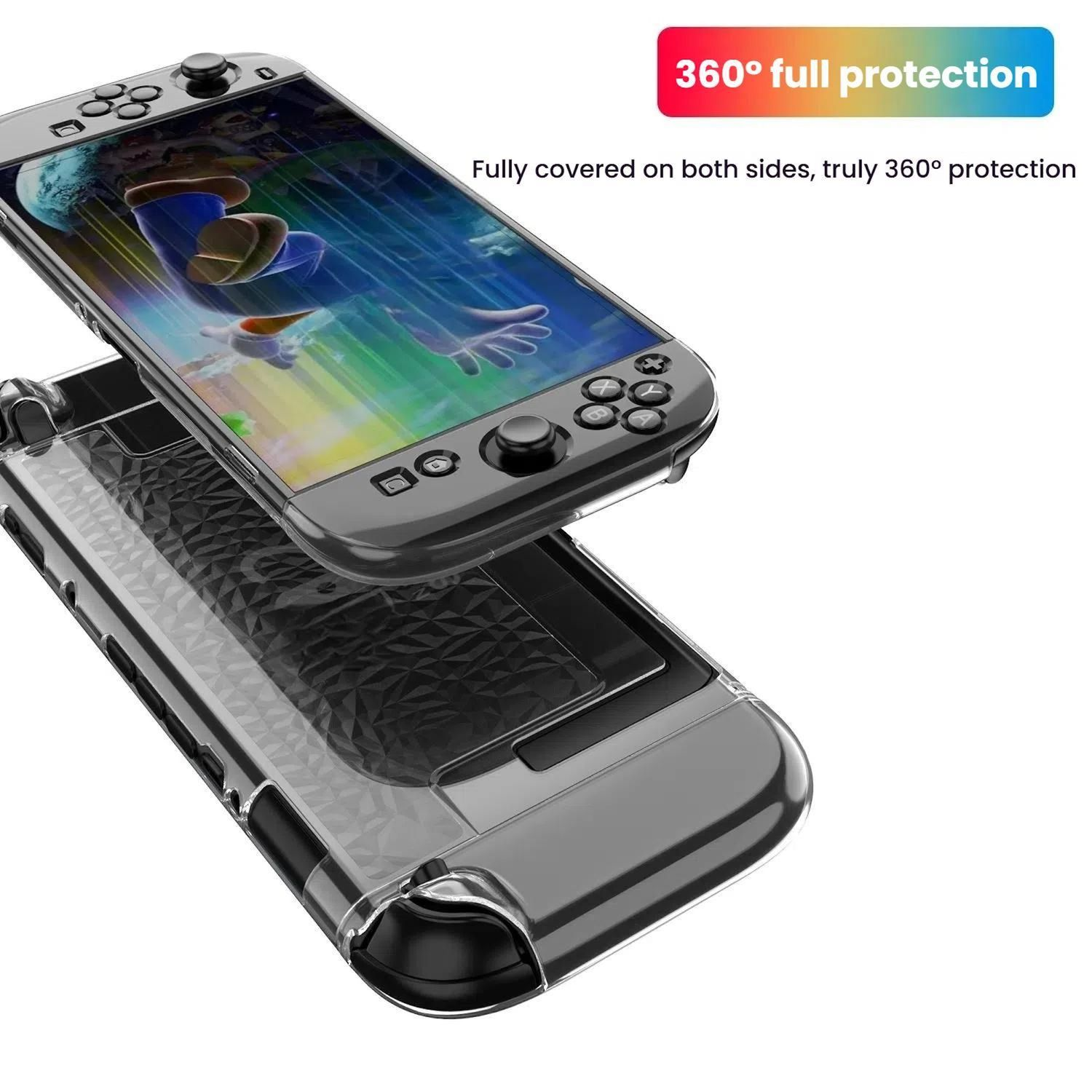 Un dispositivo de juego portátil dentro de una funda transparente. Texto dice protección 360°.