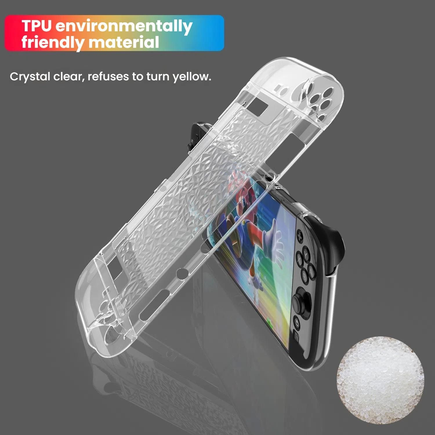 Funda transparente para Nintendo Switch, protegiendo la consola y el mando. Bolas amarillas a la derecha.