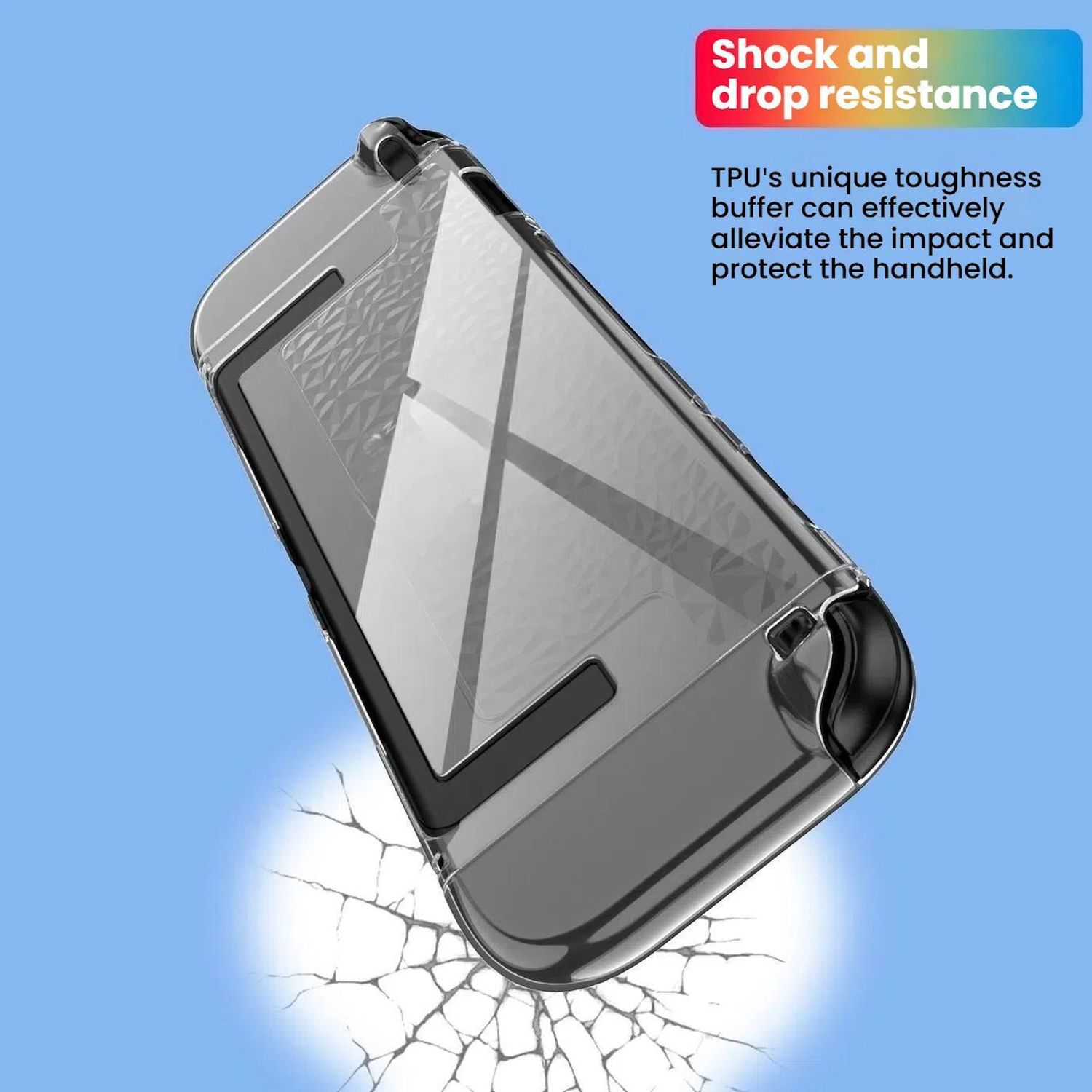 Un dispositivo de juego portátil en una funda transparente, con texto sobre resistencia a golpes.