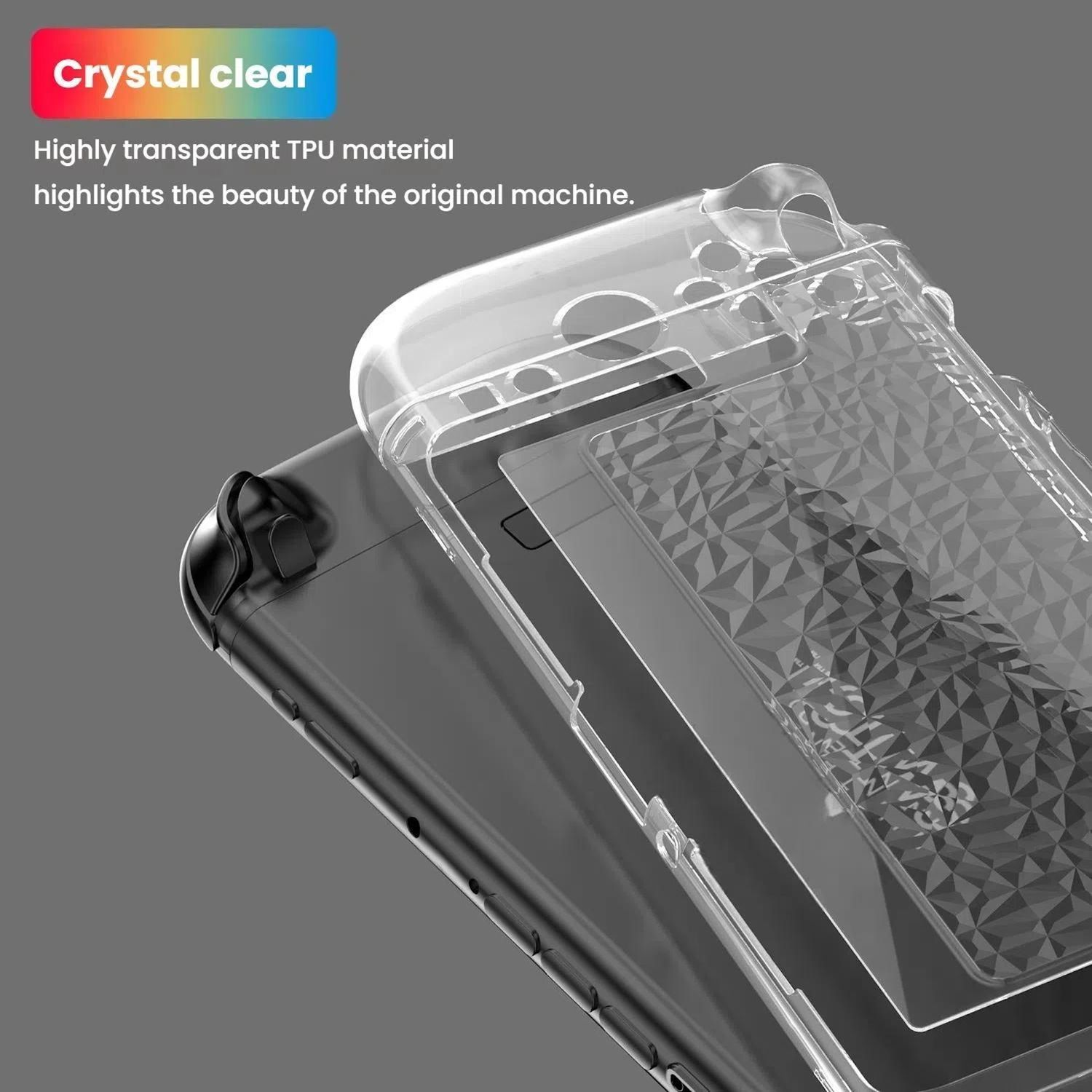Funda transparente para Nintendo Switch que protege la consola. La funda resalta la belleza.