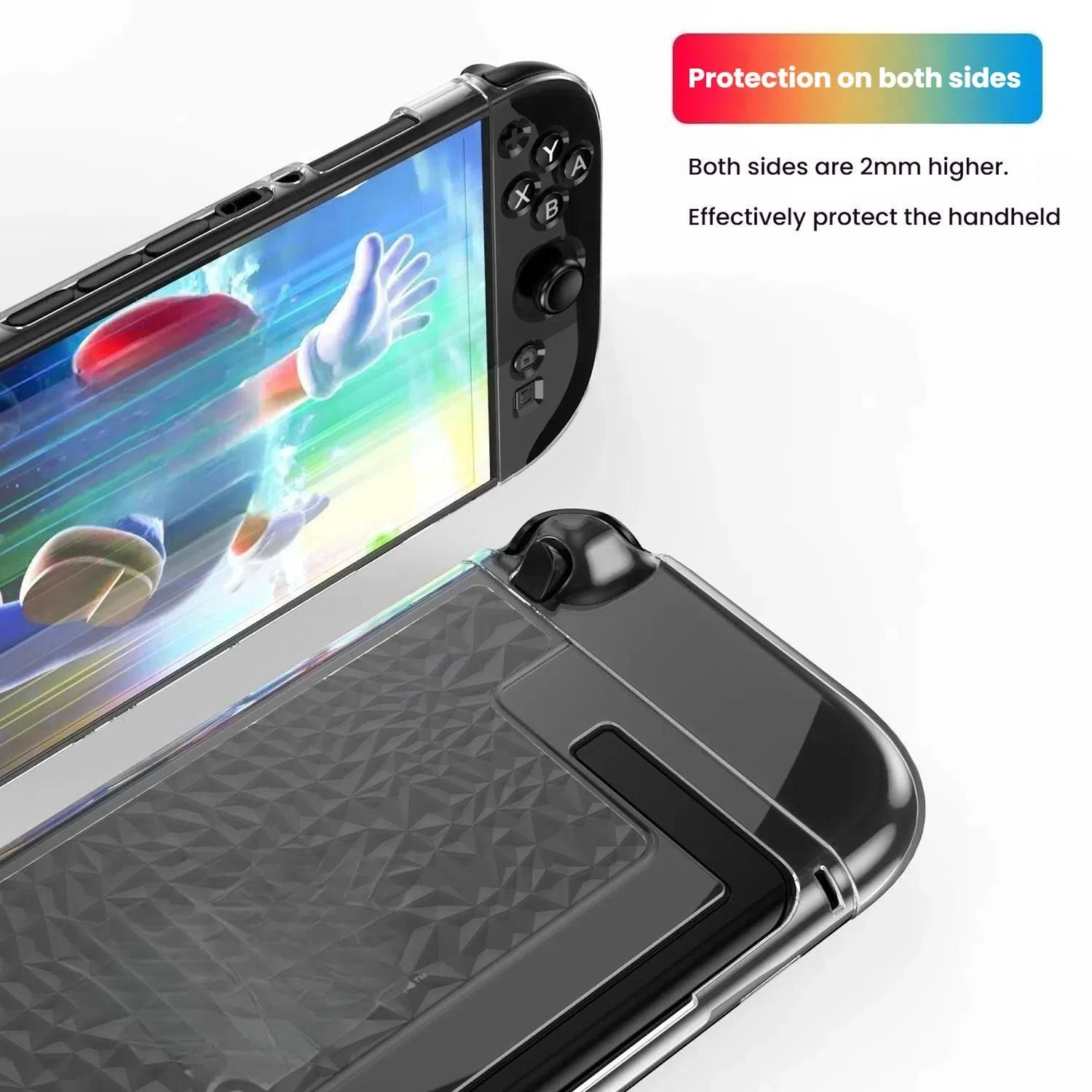 Funda de Nintendo Switch con pantalla y mando. Funda negra y detalles del mando del juego.