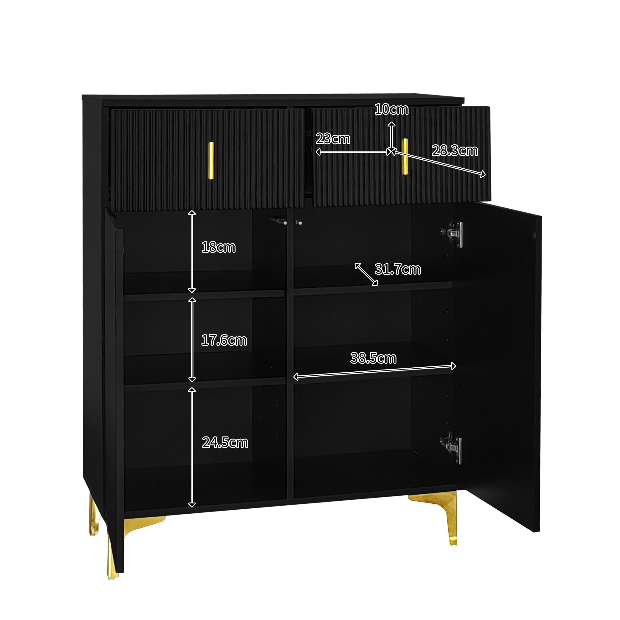Schwarzer Schrank mit goldenen Beinen und Griffen, zwei Türen offen. Enthält interne Regale und Abmessungen.