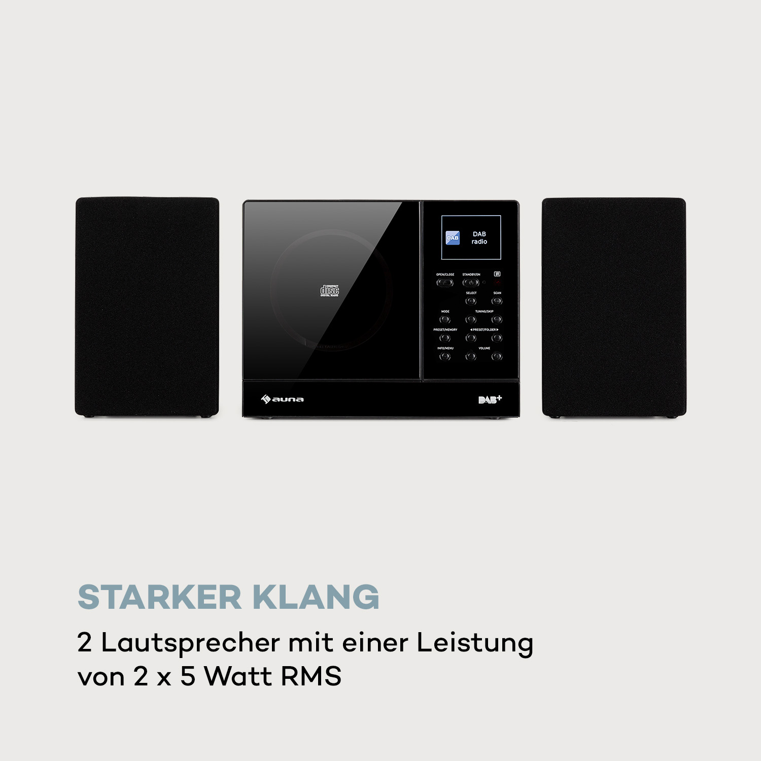 Schwarze Stereoanlage mit zwei Lautsprechern. Unten steht 'Starker Klang'.
