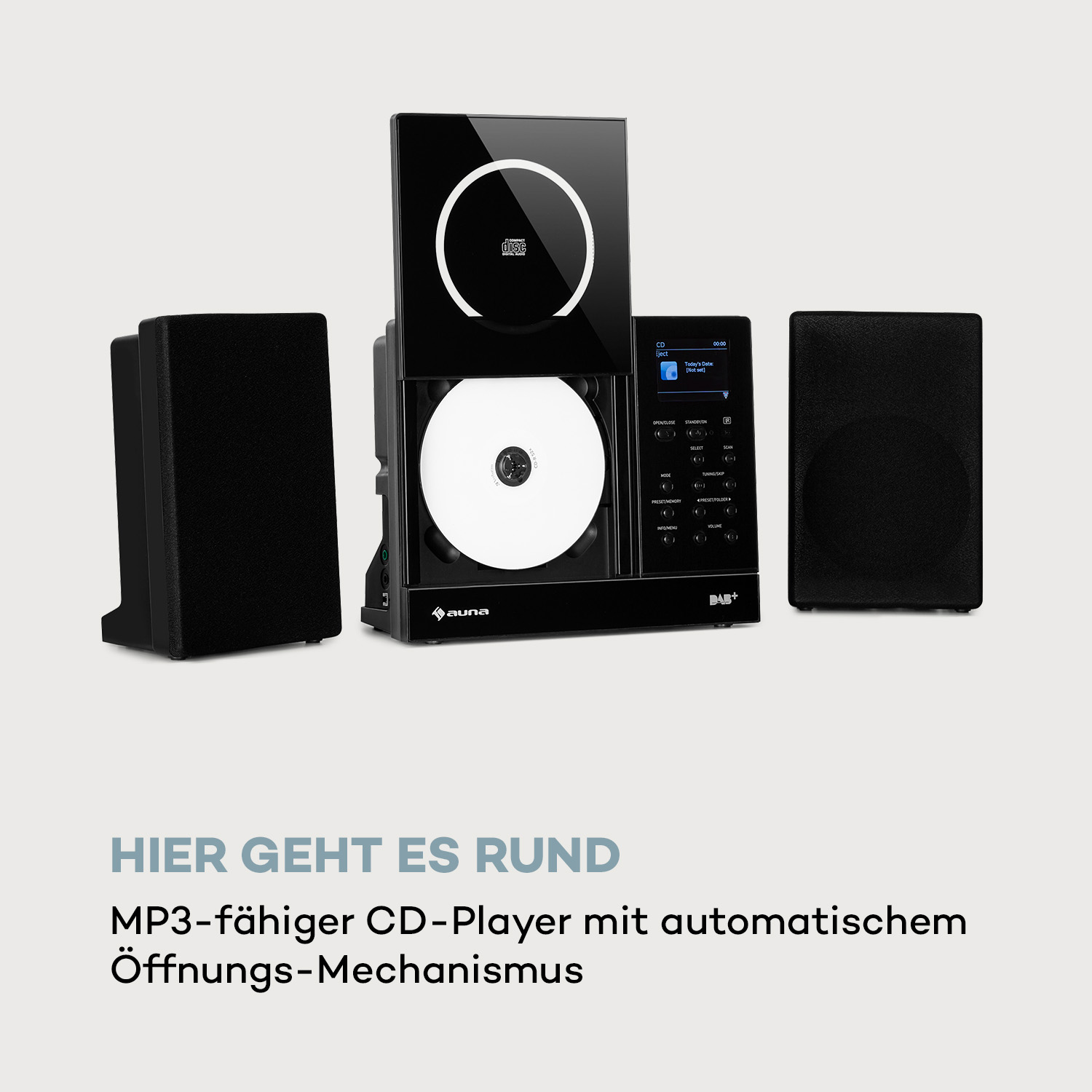 Ein schwarzes Stereoanlage mit CD-Player und Lautsprecher. Text: Hier geht es rund.