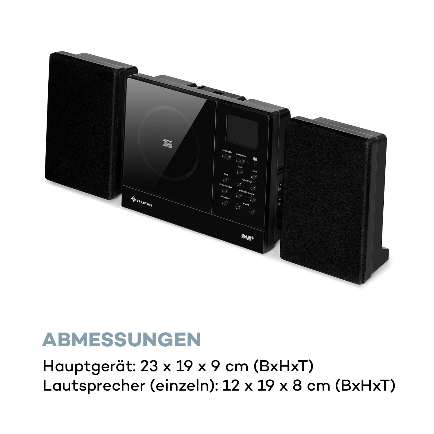 Ein schwarzes Stereoanlage mit Lautsprecher auf weißem Hintergrund. Text: Abmessungen.