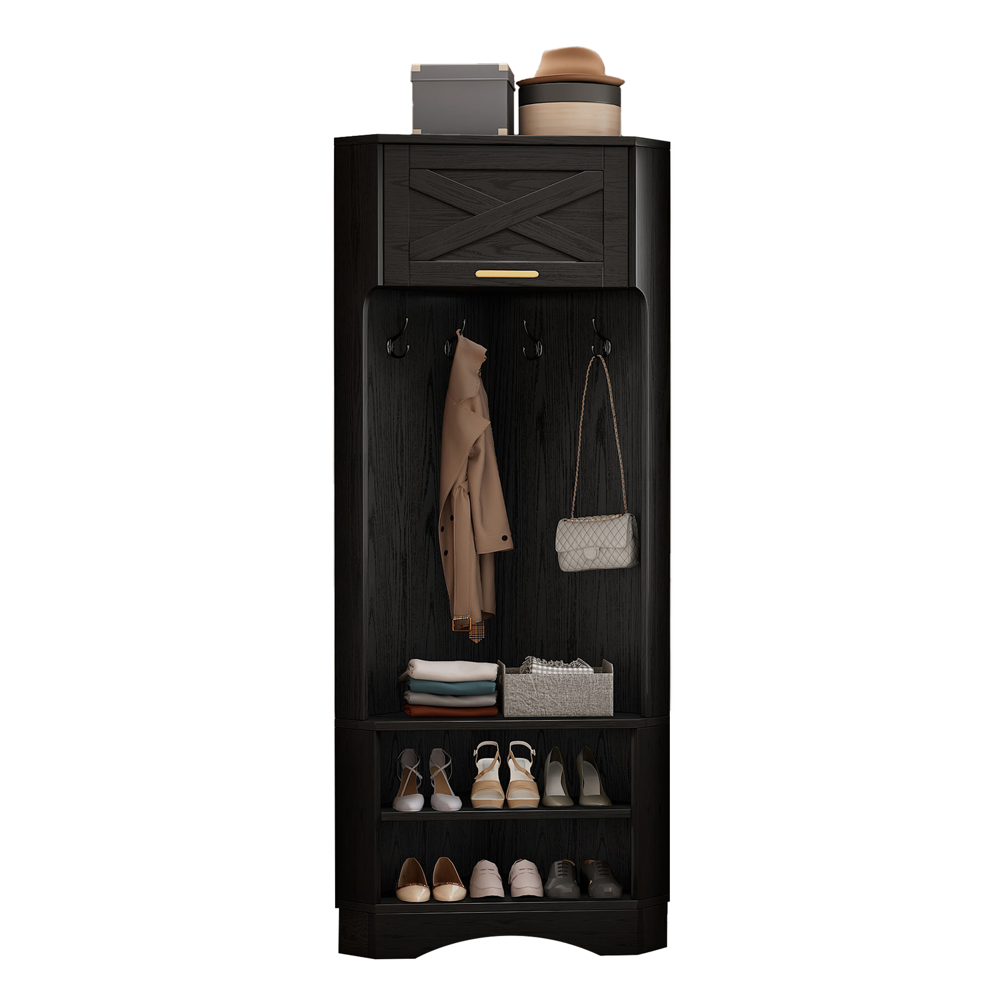 Ein schwarzer Eckschrank mit Schuhen, Kleidung und Dekor. Weißer Hintergrund.