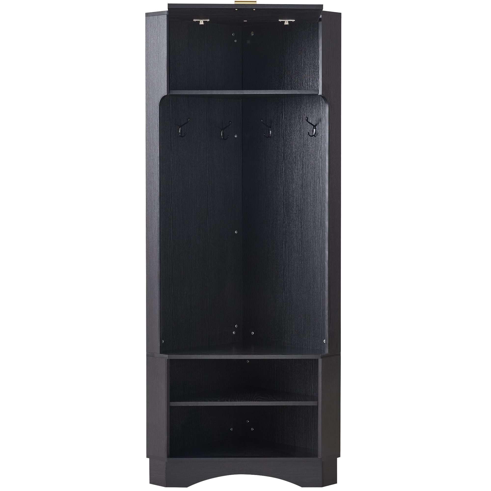 Dunkler Eckschrank aus Holz mit Regalen und Haken. Geöffnete Tür mit Haken und Regalen.