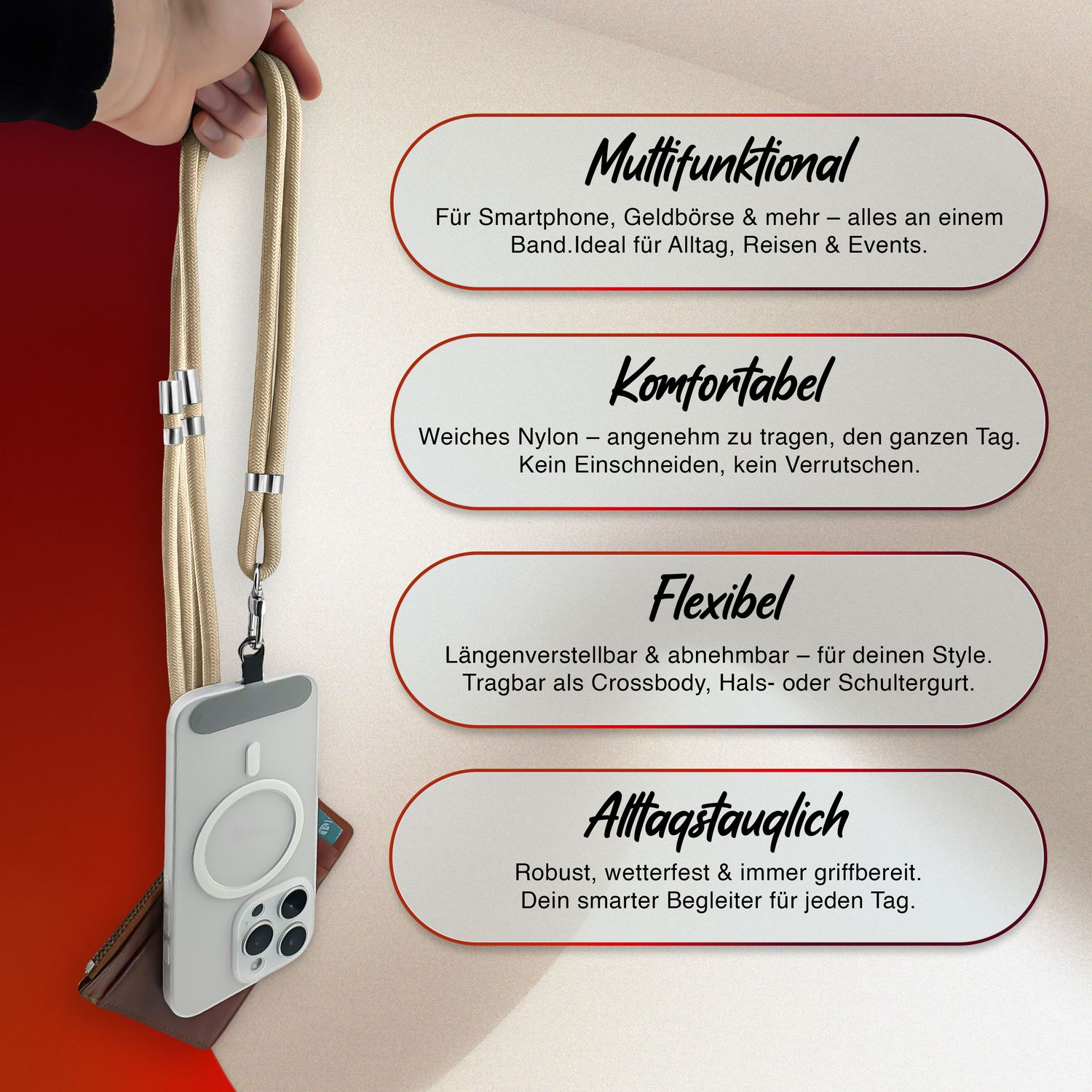 Hand hält Telefon mit Lanyard. Textfelder mit Produkteigenschaften auf Deutsch.