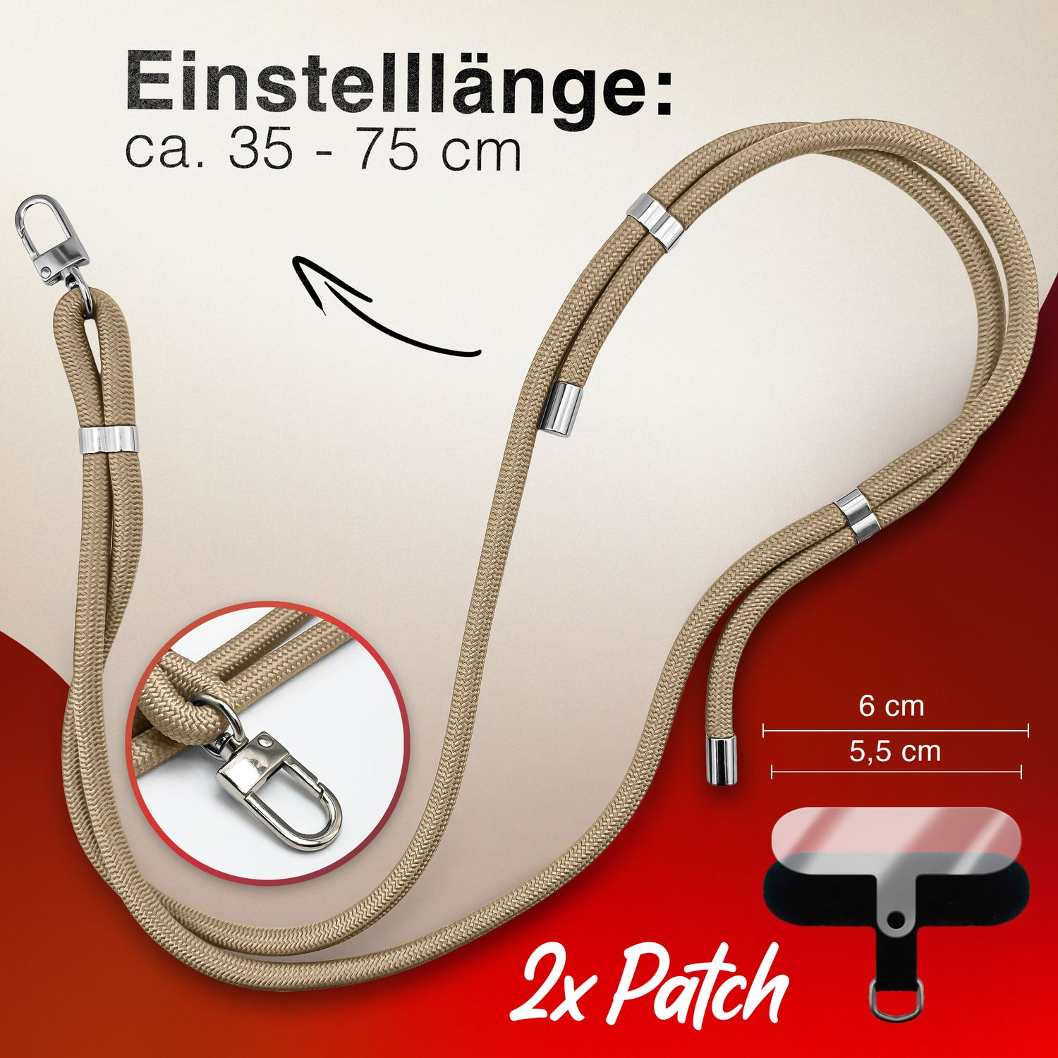 Beiges Telefon-Lanyard mit silbernen Akzenten. Diagramm zur Anpassung und Patch.