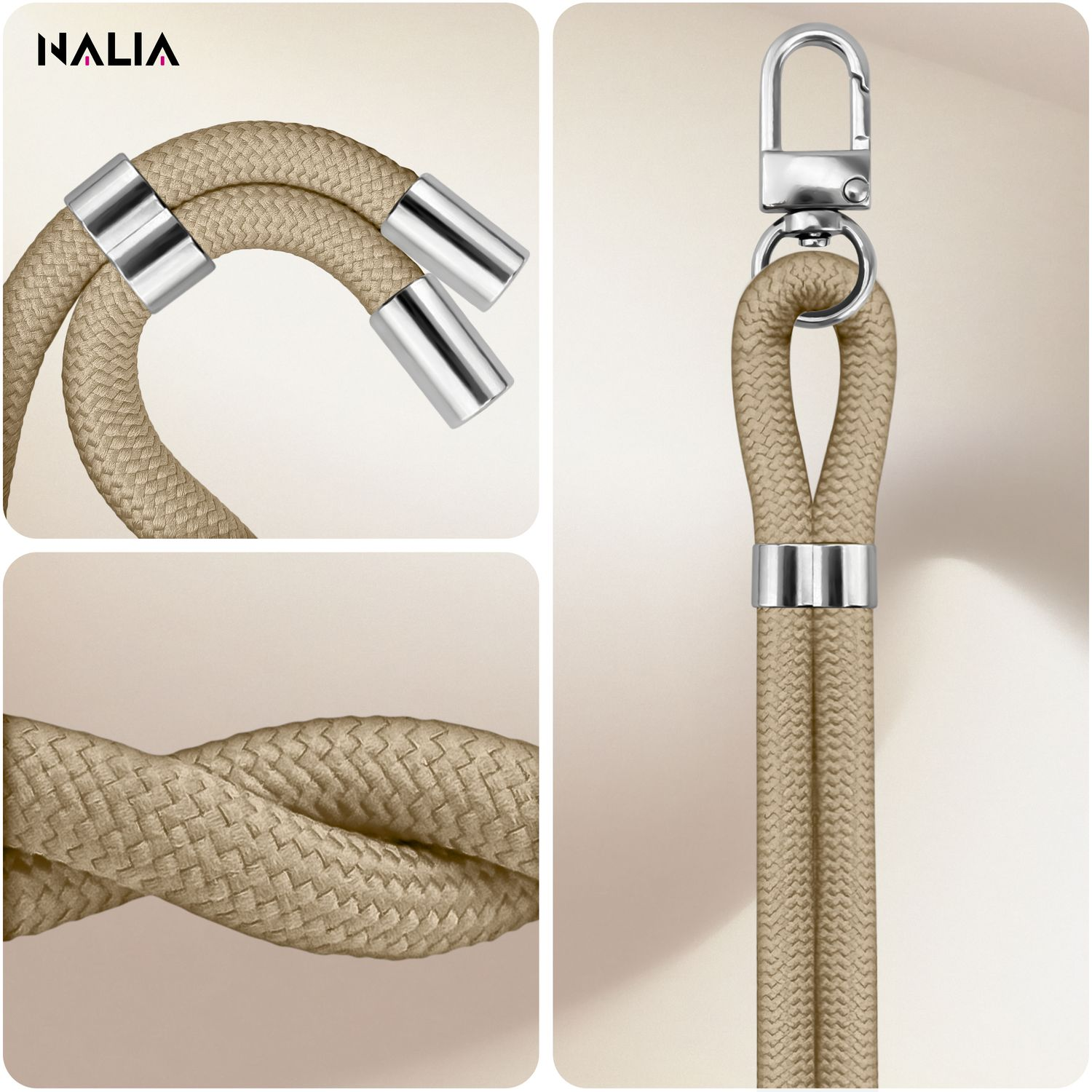Nahaufnahmen eines beigen Telefon-Lanyards, die Details des Kabels und der Verbindungen zeigen.
