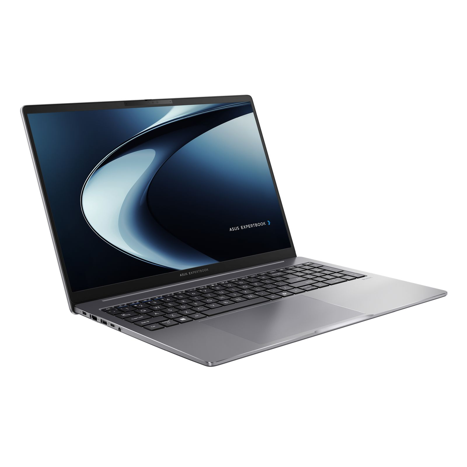 Laptop Asus ExpertBook, otwarty. Szary kolor, z klawiaturą, gładzikiem i ekranem.