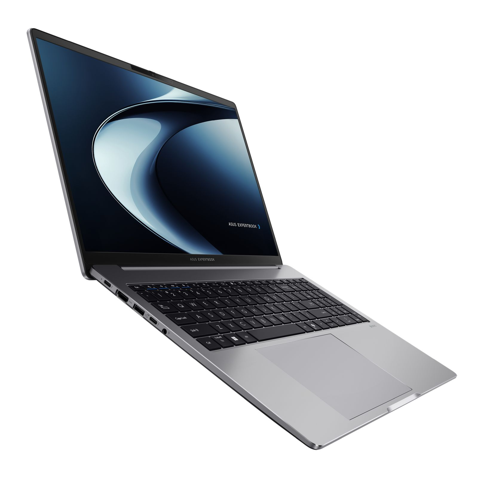 Laptop przechylony pod kątem, wyświetlający niebiesko-biały ekran. Srebrna obudowa, widoczna klawiatura.
