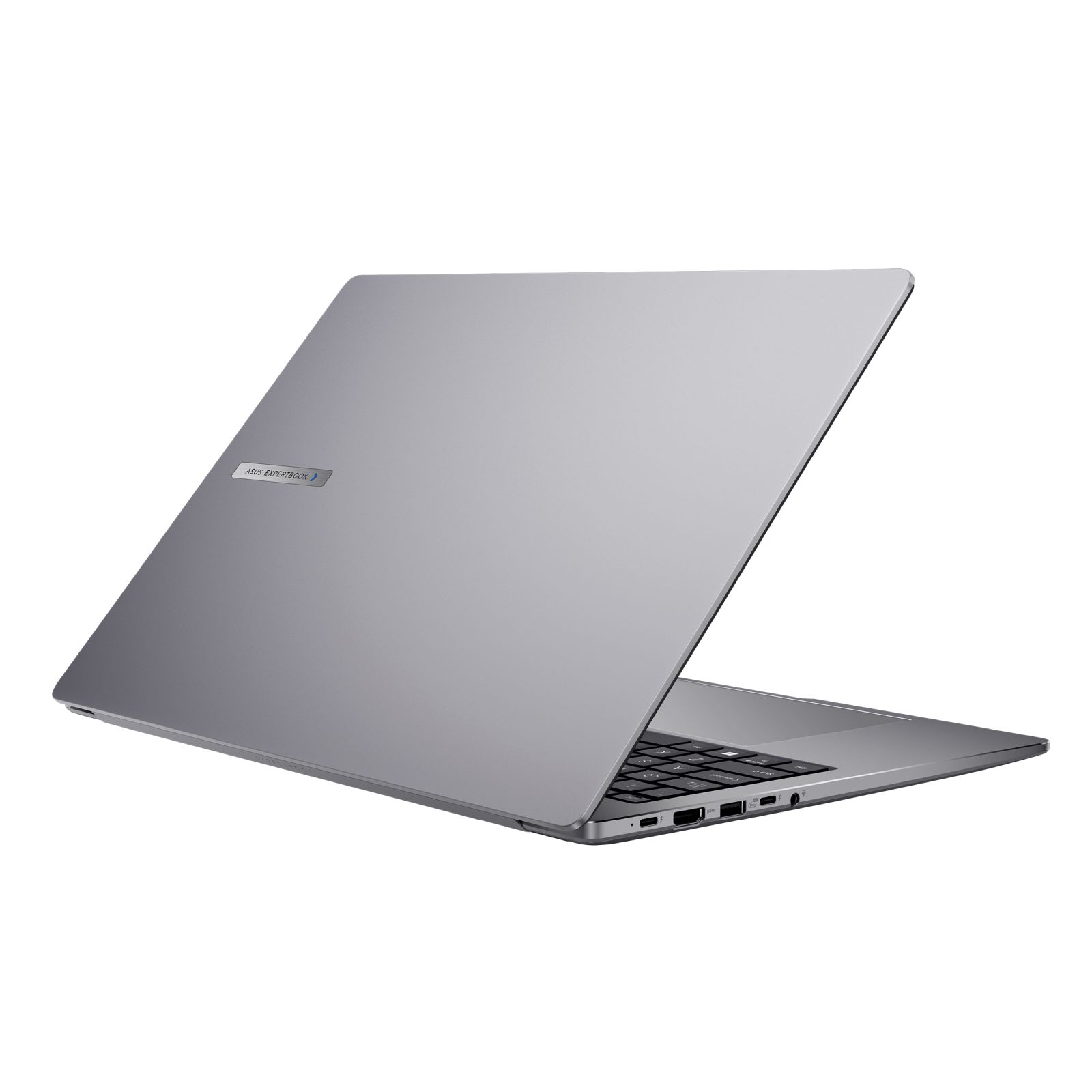 Srebrny laptop, widok z tyłu, otwarty. Logo ASUS EXPERTBOOK na górze. Widoczna czarna klawiatura.