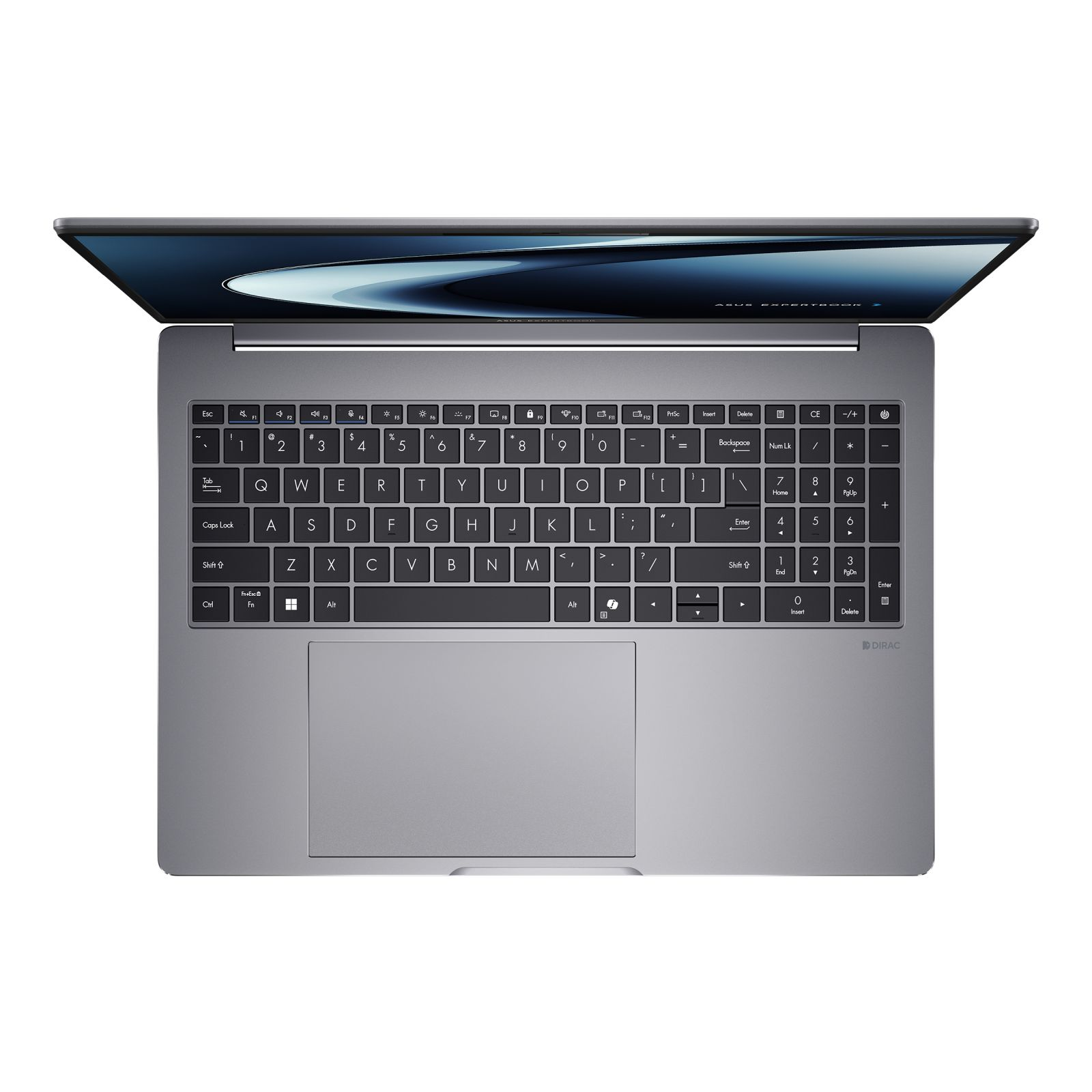 Laptop Asus ExpertBook, widok z góry. Szary kolor, z otwartym ekranem, klawiaturą i gładzikiem.