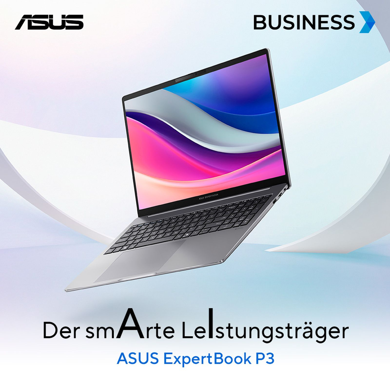 Laptop Asus ExpertBook z ukierunkowaniem na biznes, otwarty. Szary, z kolorowym ekranem.