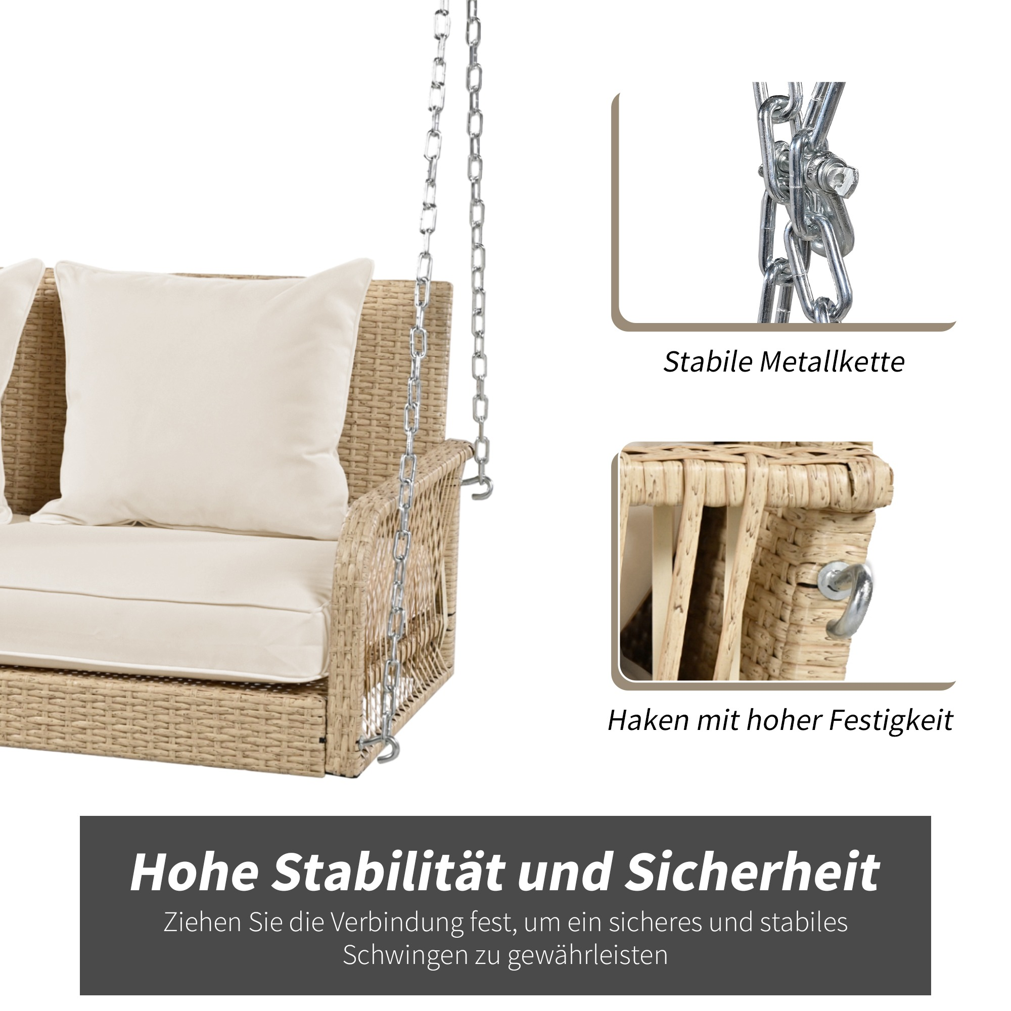 Korbschaukel mit cremefarbenen Kissen, an Ketten hängend. Details von Kette und Haken sind gezeigt.