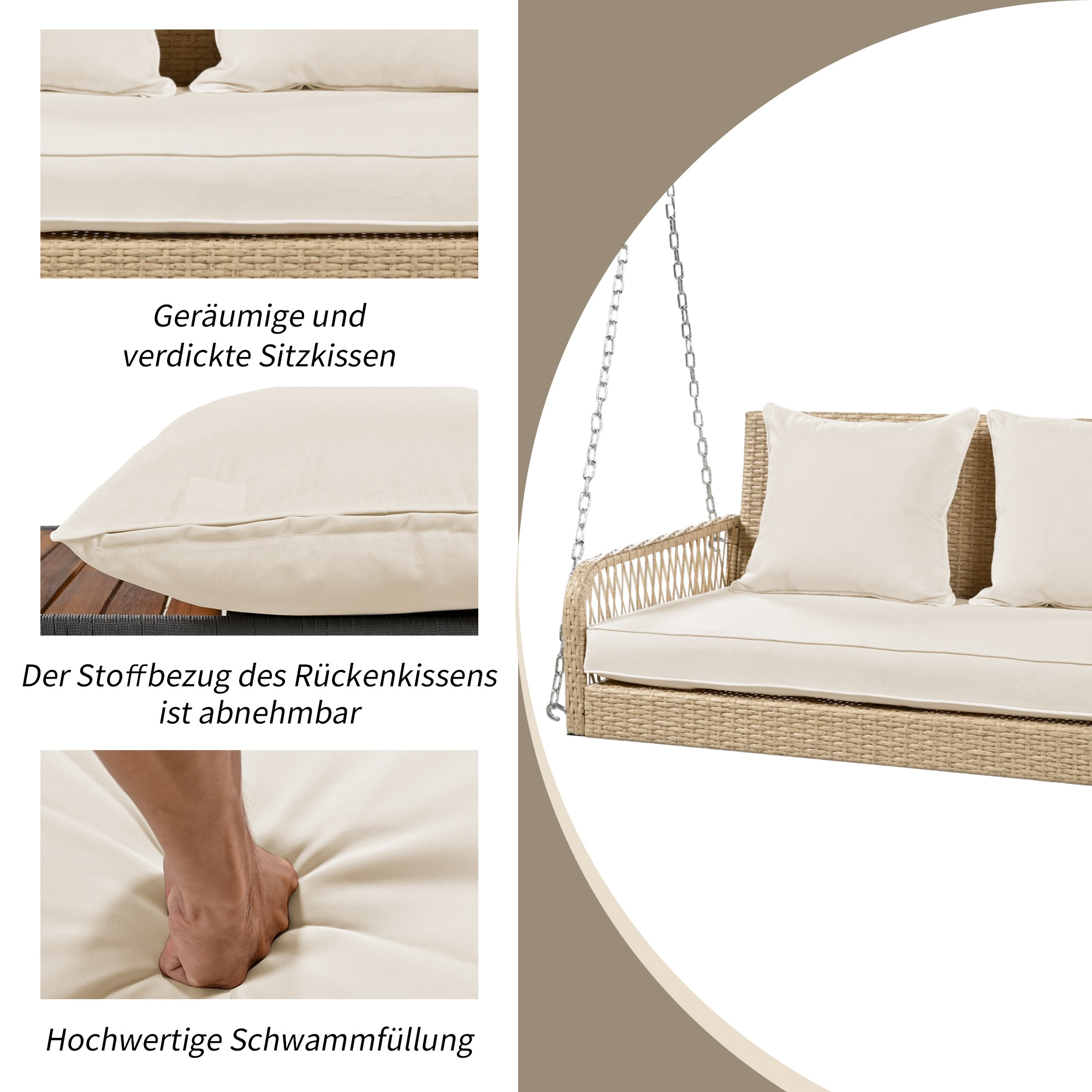 Korbschaukel mit cremefarbenen Kissen, Nahaufnahme. Zeigt Kissendetails und hochwertige Schaumfüllung.