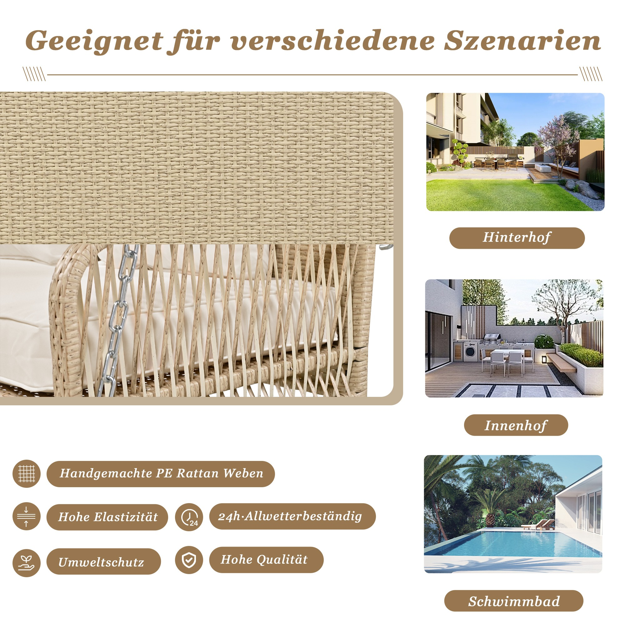 Korbschaukel in verschiedenen Umgebungen. Zeigt Hinterhof, Terrasse und Poolbereich.