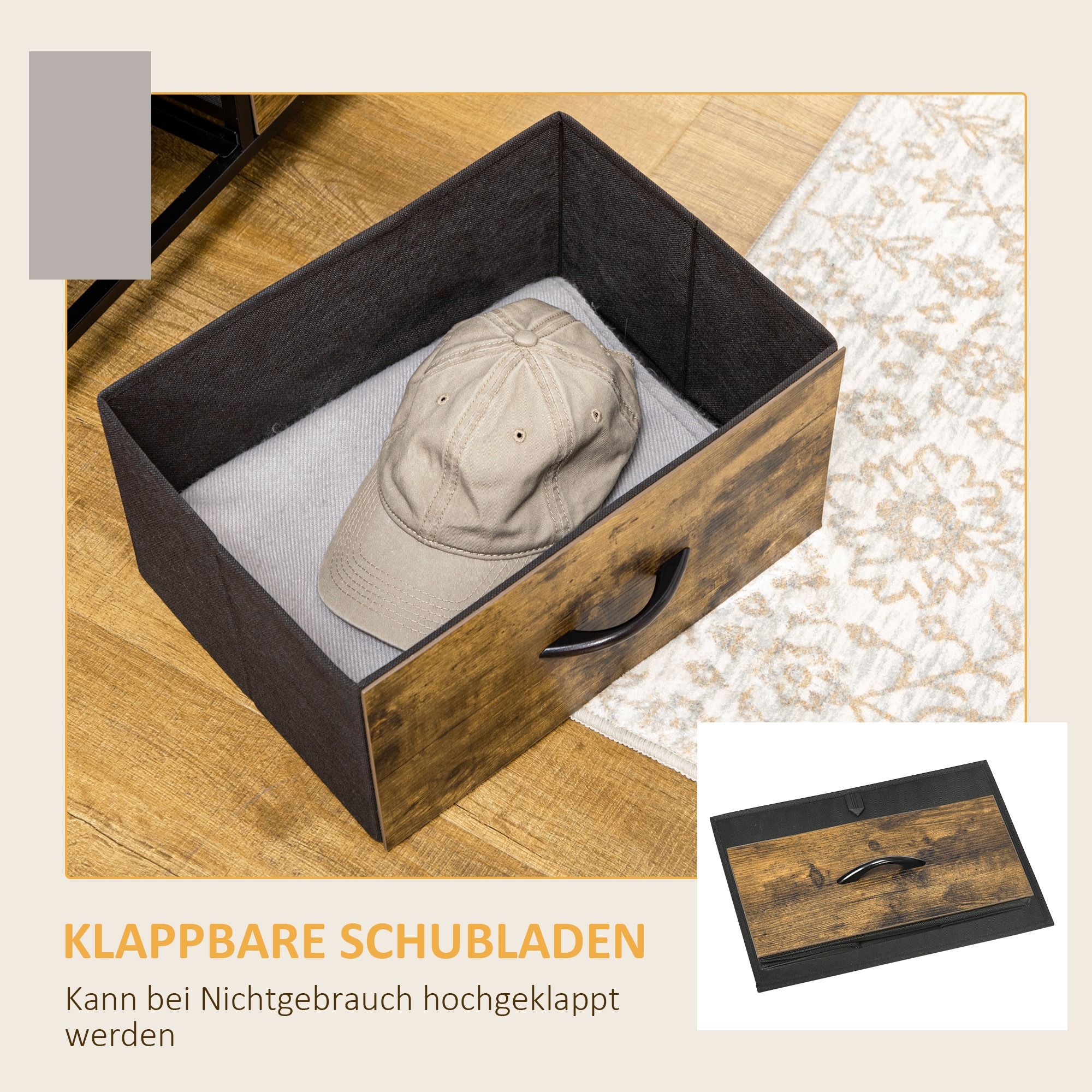 Holzkiste mit Kappe darin. Dunkelgraues Futter und ein schwarzer Griff sind sichtbar.