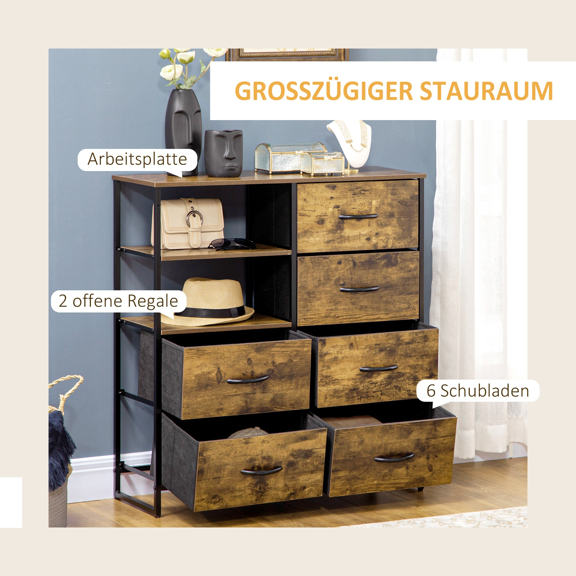 Kommode mit Schubladen, Regalen und Gegenständen oben drauf. Holzoptik.