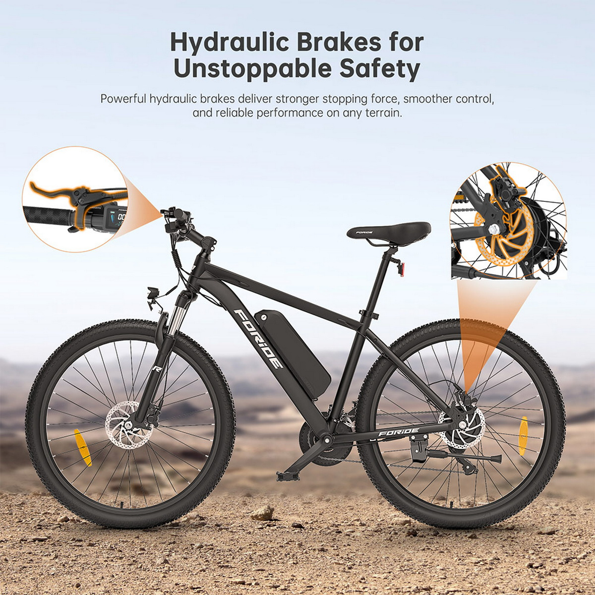 Czarny rower elektryczny z podświetlanymi hamulcami hydraulicznymi. Etykiety tekstowe: 'Hamulce hydrauliczne dla niepowstrzymanego bezpieczeństwa'.