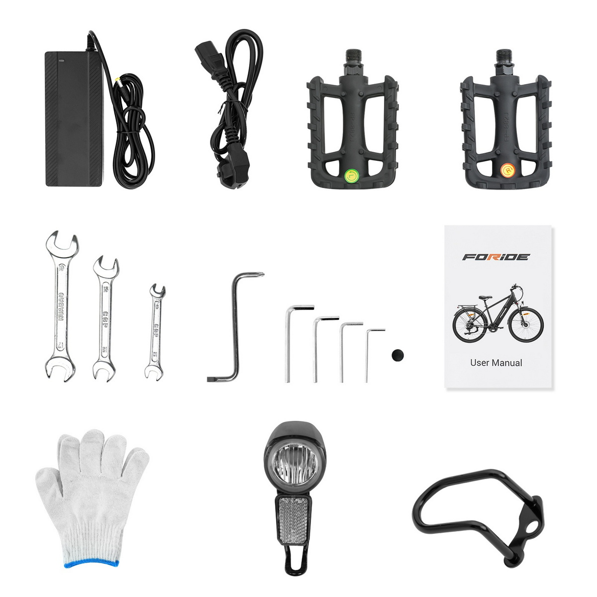 Różne części roweru: ładowarka, przewód zasilający, pedały, klucze, klucze imbusowe, instrukcja, rękawice, światło i podparcie siedzenia.