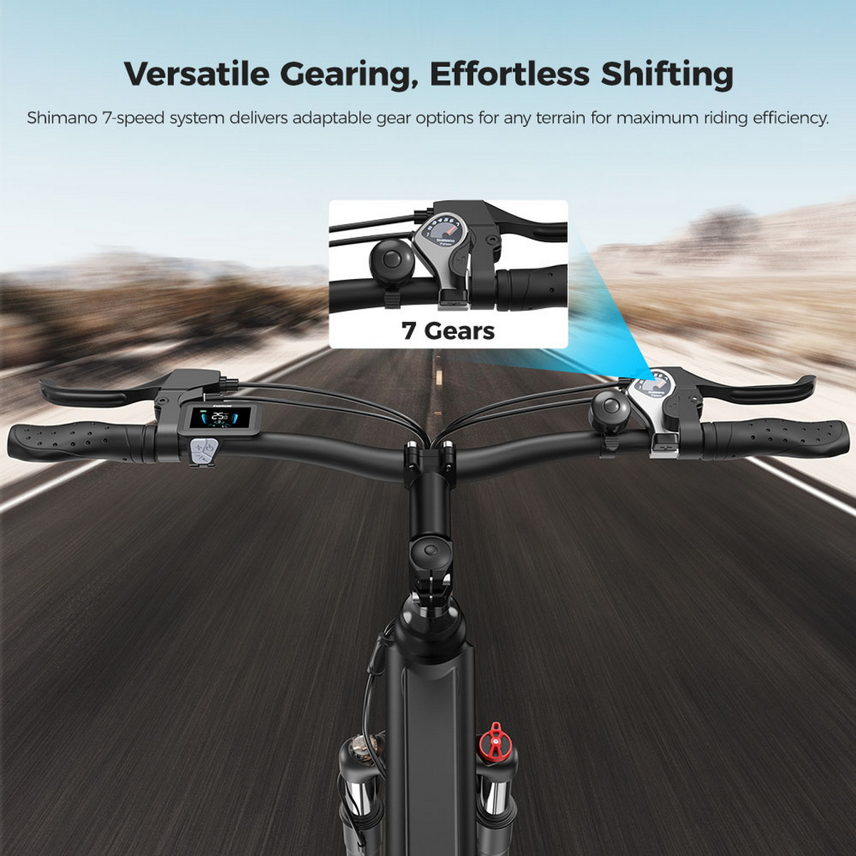 Nahaufnahme des Fahrradlenkers. Text: Vielseitige Gangschaltung, müheloses Schalten. 7 Gänge sind am Lenker hervorgehoben.