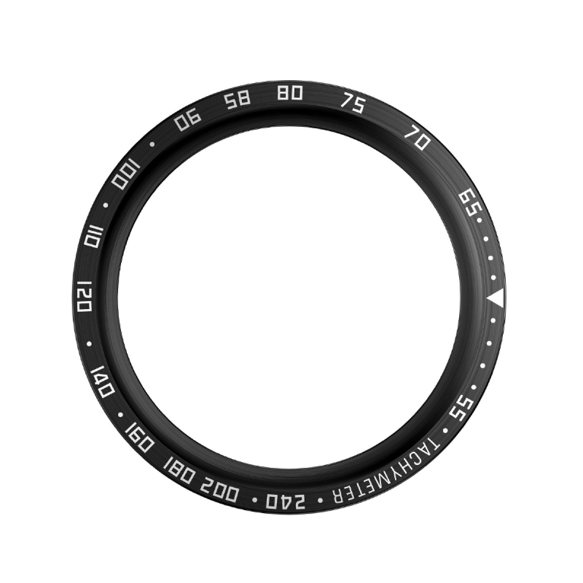 Lunetta nera dell'orologio con numeri e testo bianchi, scala tachimetrica.