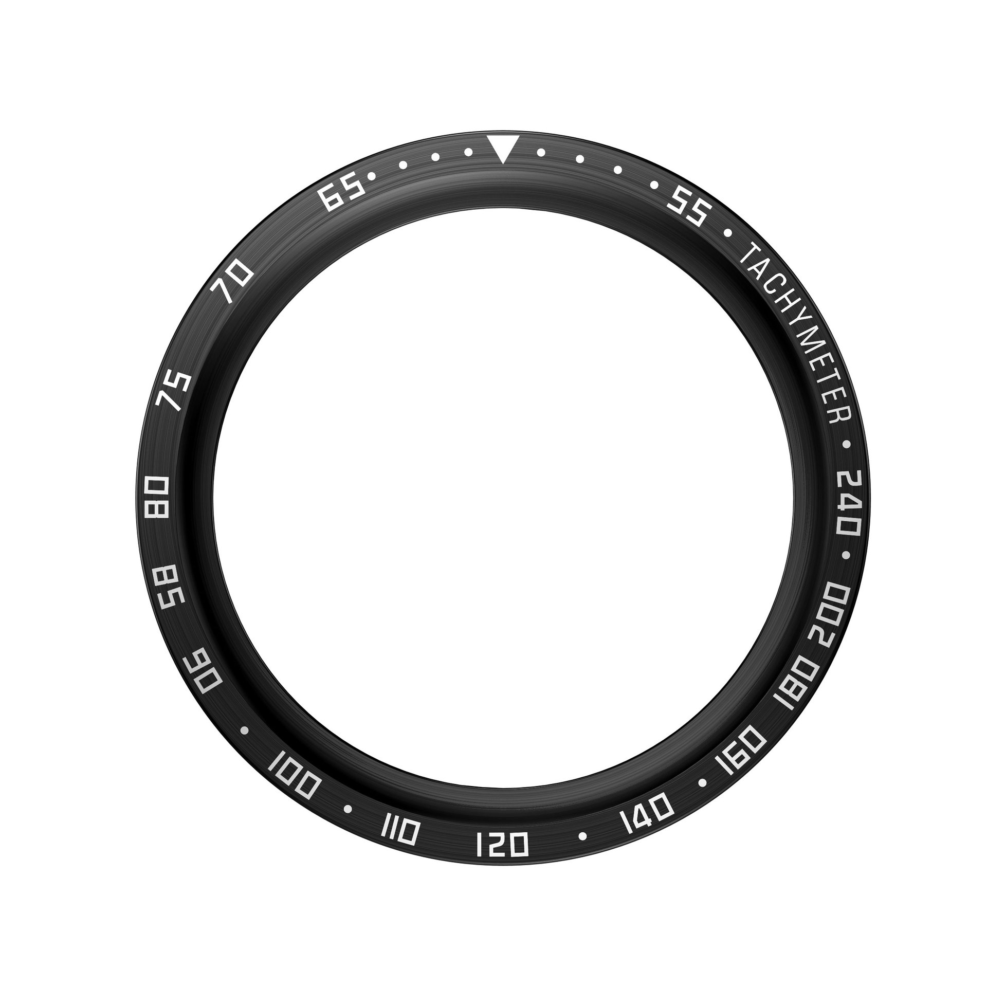 Lunetta nera dell'orologio con numeri e testo bianchi, scala tachimetrica.