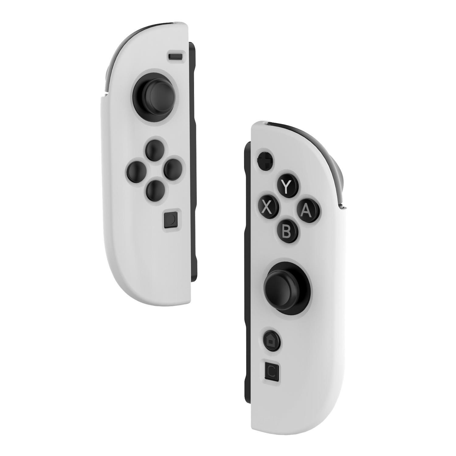 Weiße Nintendo Switch Joy-Con-Controller. Einer mit Knöpfen, einer mit Joystick und Knöpfen.
