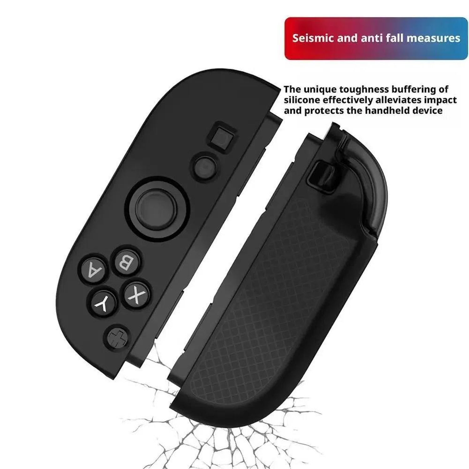 Zwei schwarze Nintendo Switch Joy-Con Controller, einer geöffnet, um Details zu zeigen.
