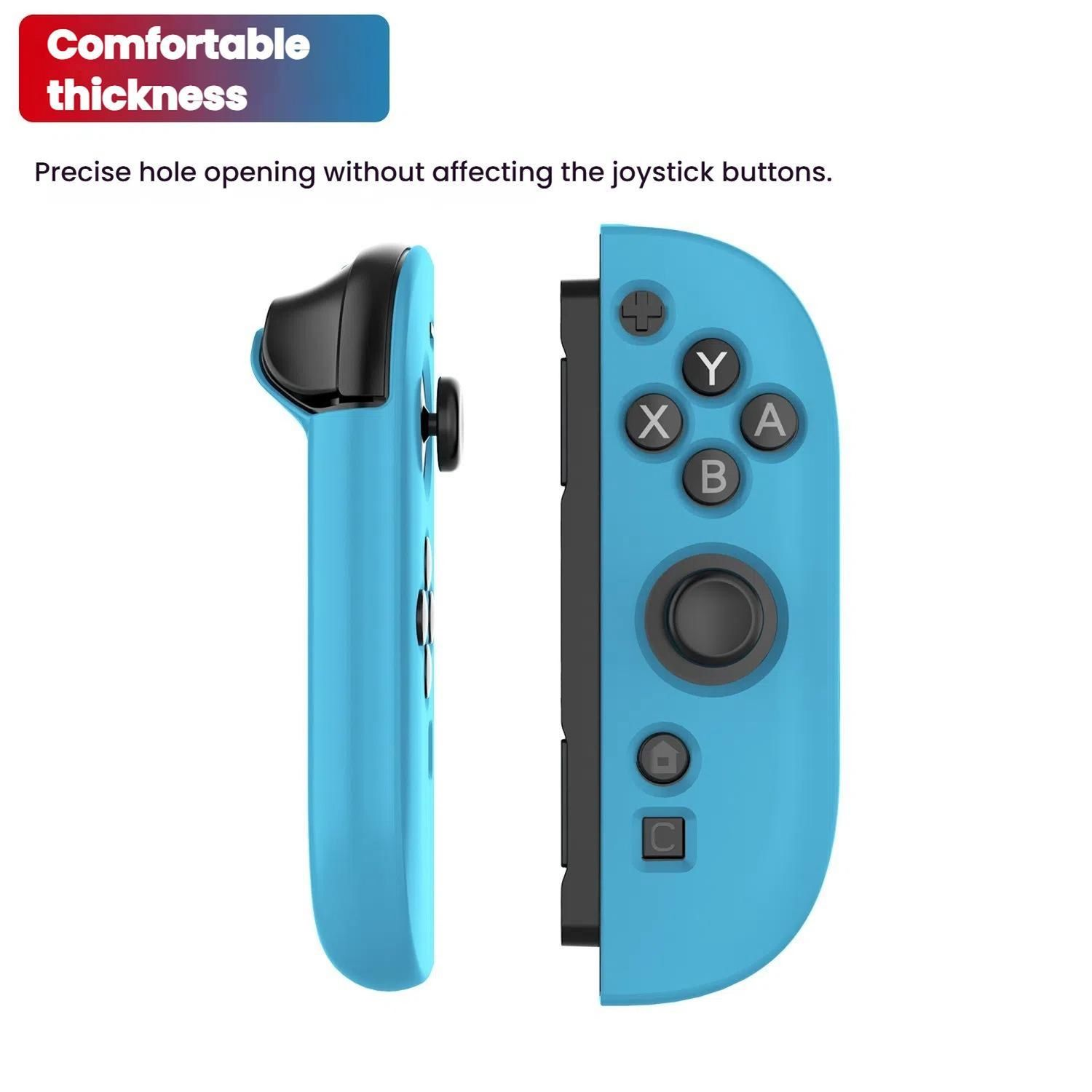 Zwei hellblaue Nintendo Switch Joy-Con Controller, eine Seite und eine Frontansicht.