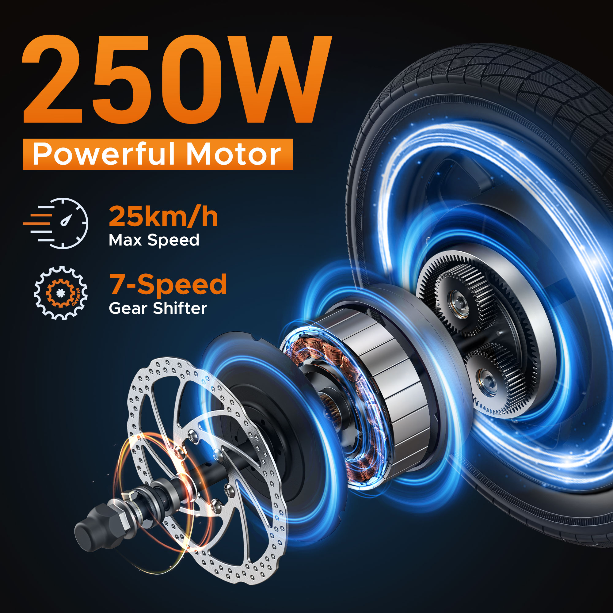 Obraz z tekstem: Mocny silnik 250W, Prędkość maks. 25km/h i 7-biegowa zmiana biegów. Cechy roweru.