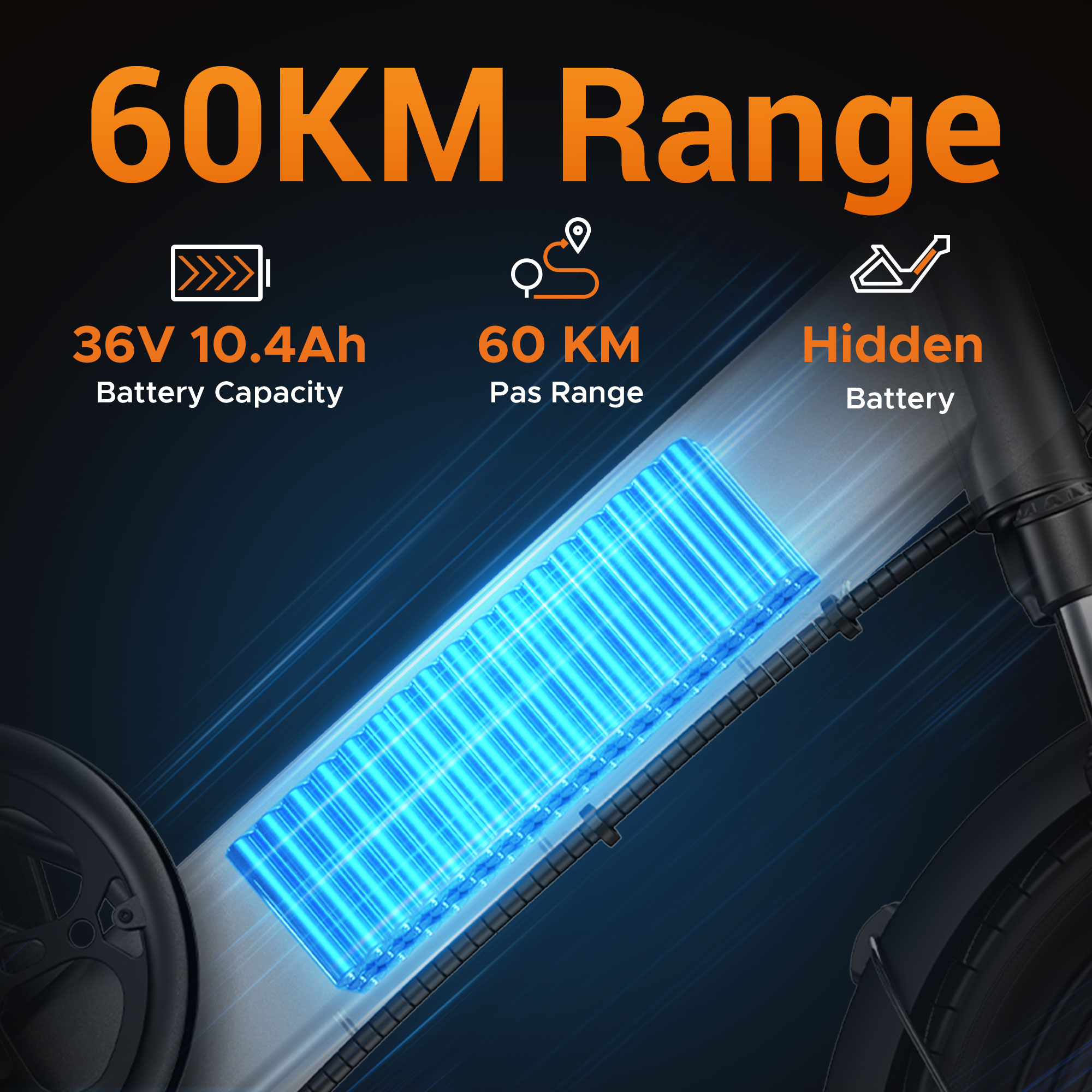 Obraz z tekstem: Zasięg 60KM, Pojemność baterii 36V 10,4Ah, Zasięg Pas 60 KM i Ukryta bateria.