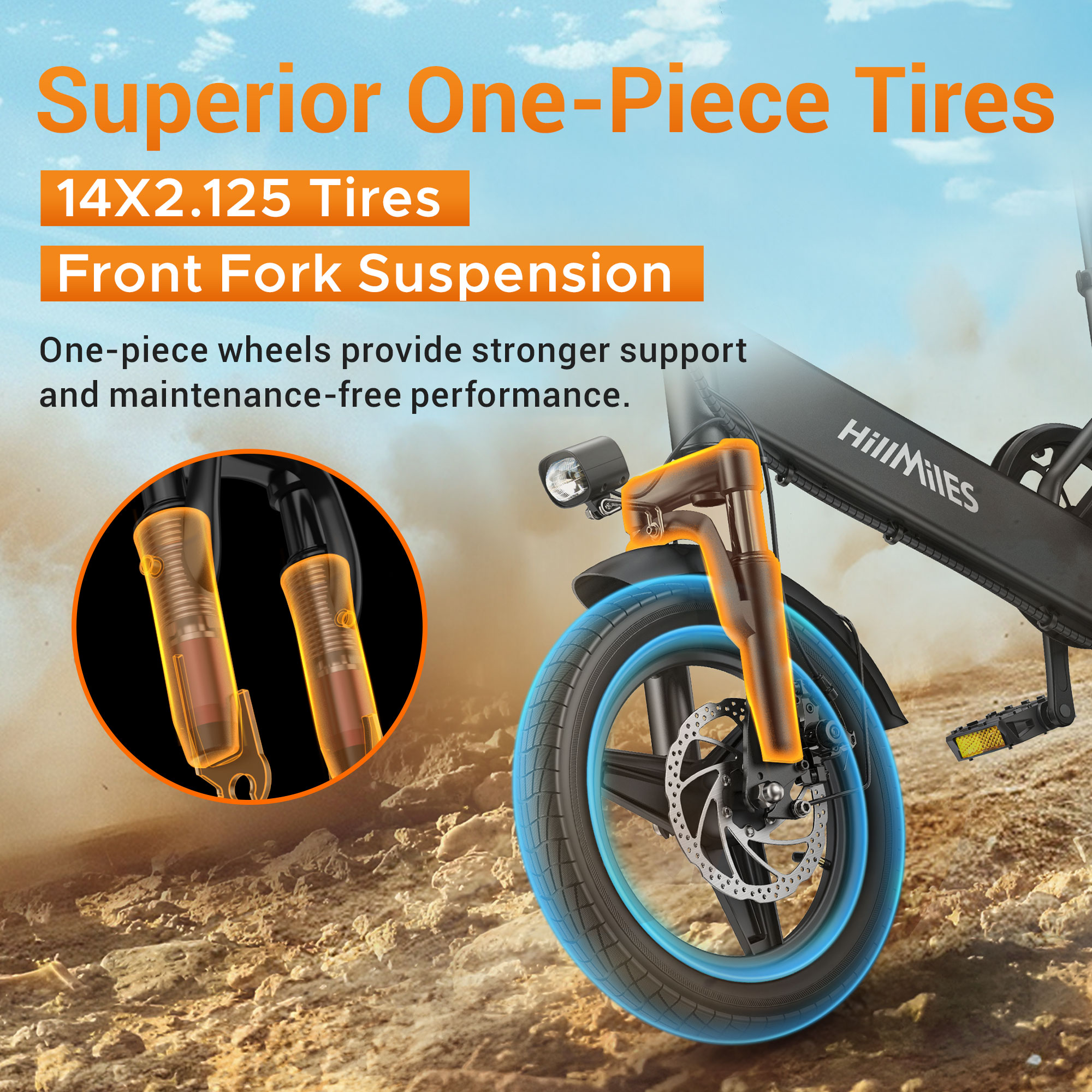 Zbliżenie koła i widelca roweru elektrycznego. Tekst podkreśla cechy.