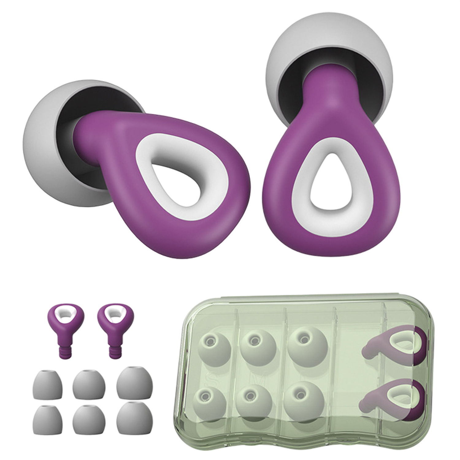 Ohrhörer-Set mit Etui. Zwei lila Ohrhörer mit weißen Spitzen und ein Satz Ersatzspitzen.