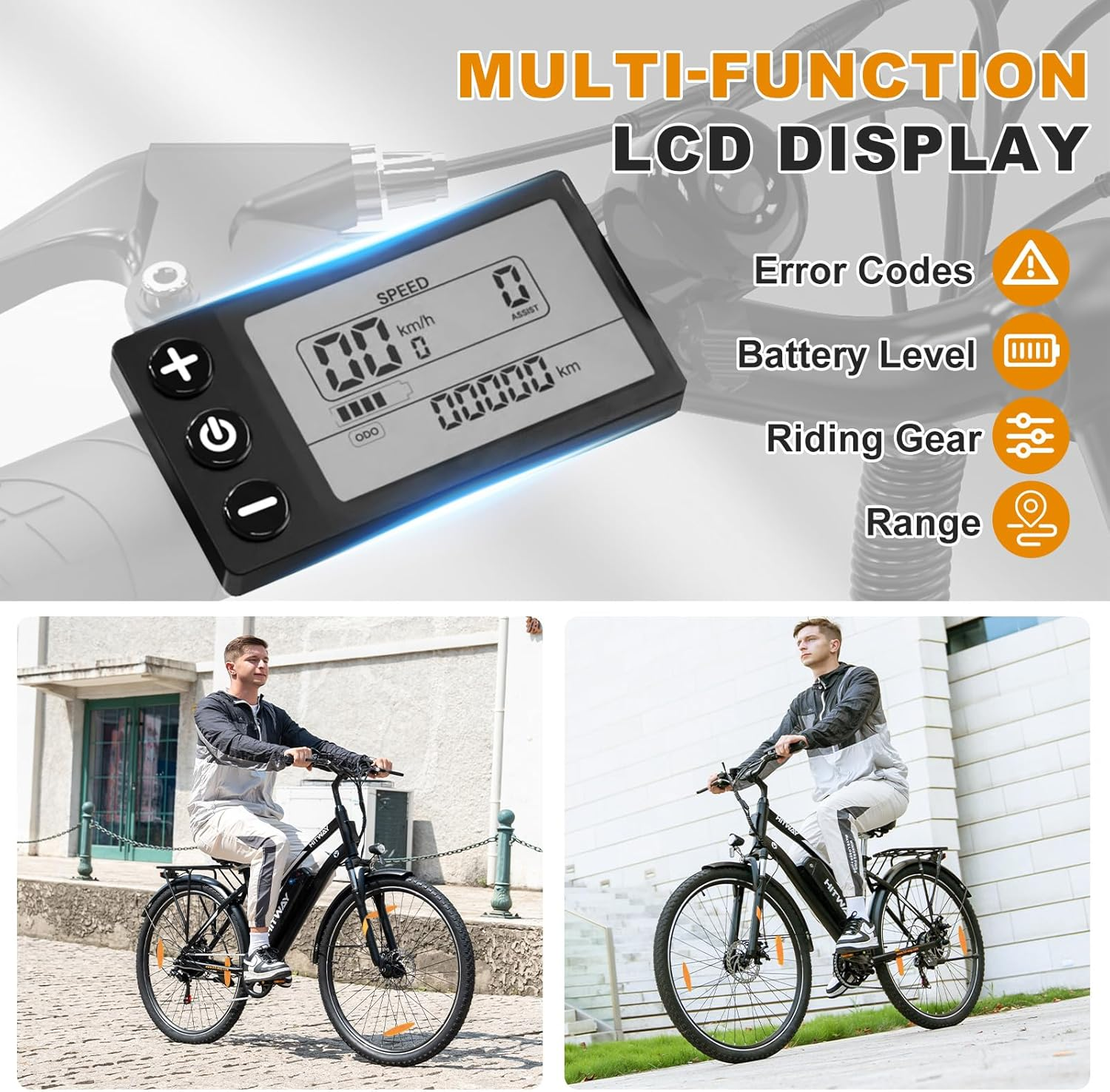 Wyświetlacz LCD roweru elektrycznego pokazuje prędkość, baterię, zasięg. Dwóch mężczyzn jedzie rowerami elektrycznymi.