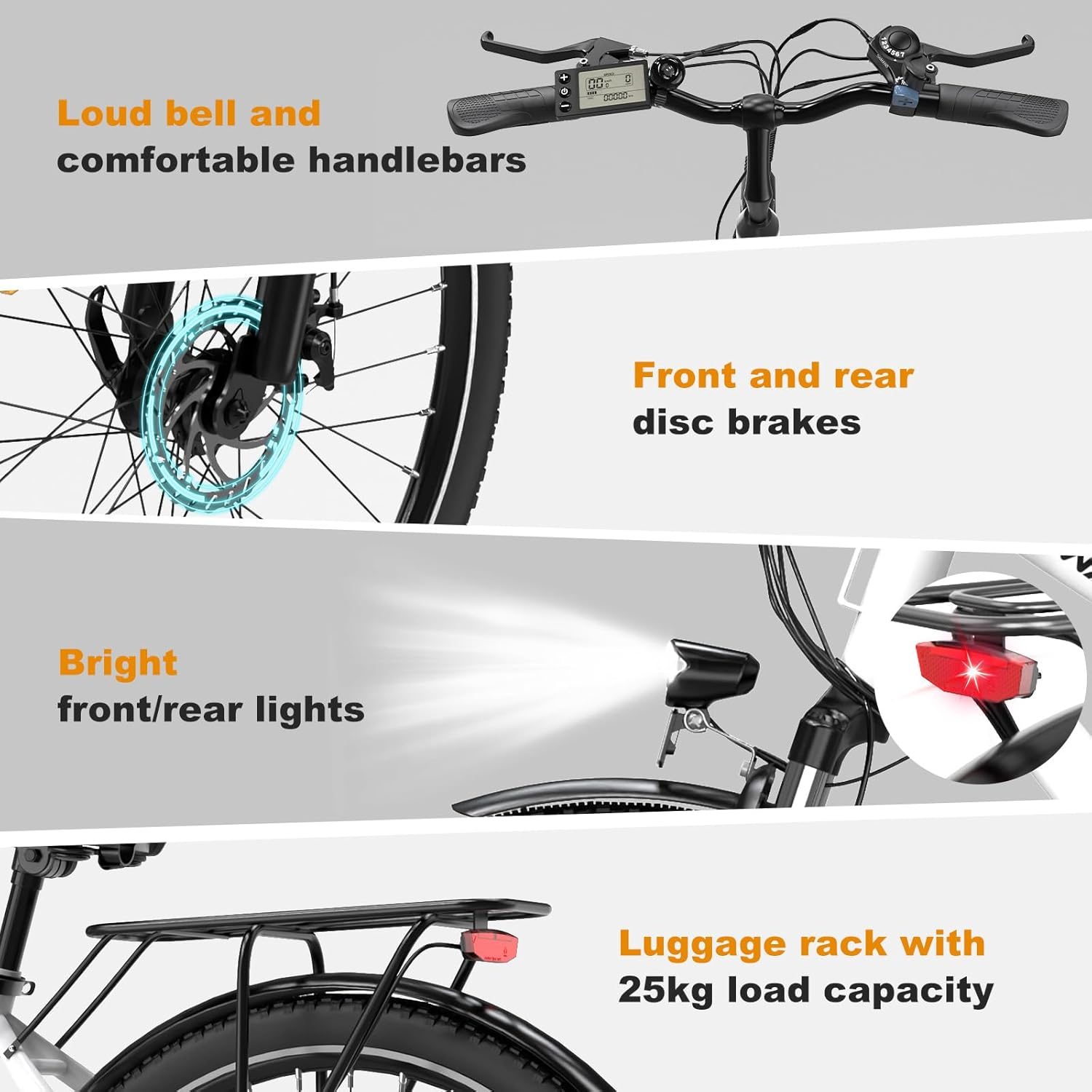 Szczegóły roweru elektrycznego. Zawiera kierownicę, hamulce tarczowe, światła i bagażnik.