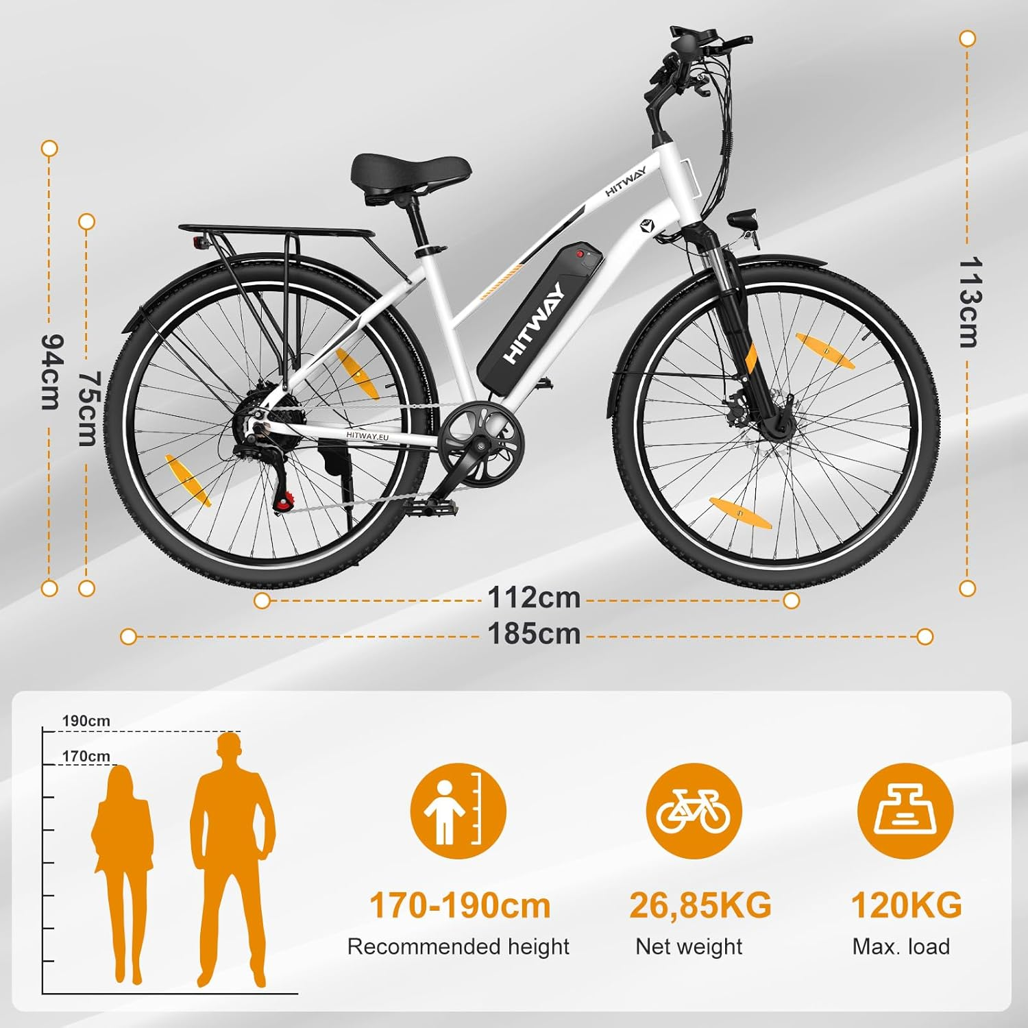 Biały rower elektryczny z liniami pomiarowymi i ikonami dla zalecanej wysokości, wagi i maks. obciążenia.