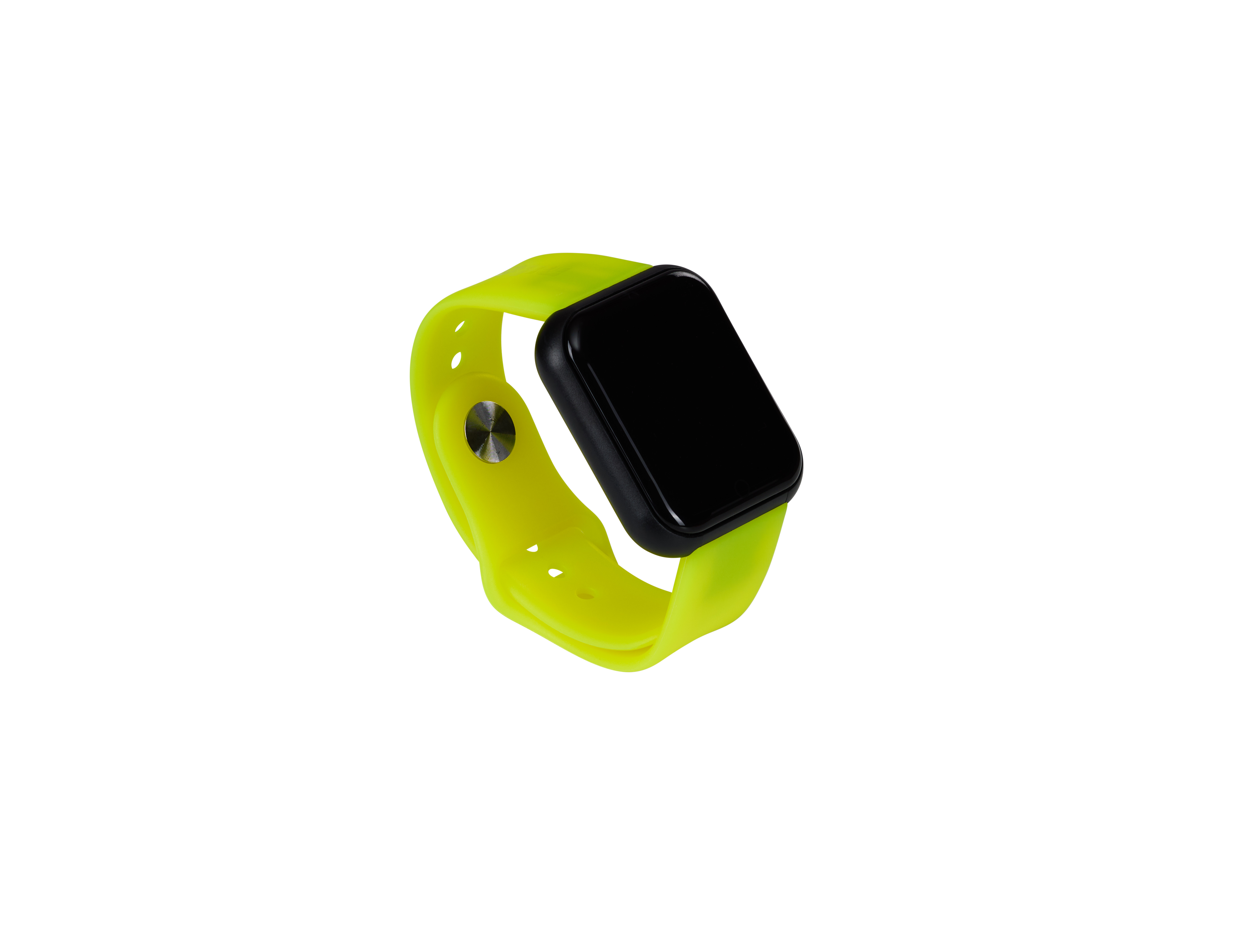 Uno smartwatch verde neon con schermo nero e cinturino abbinato.
