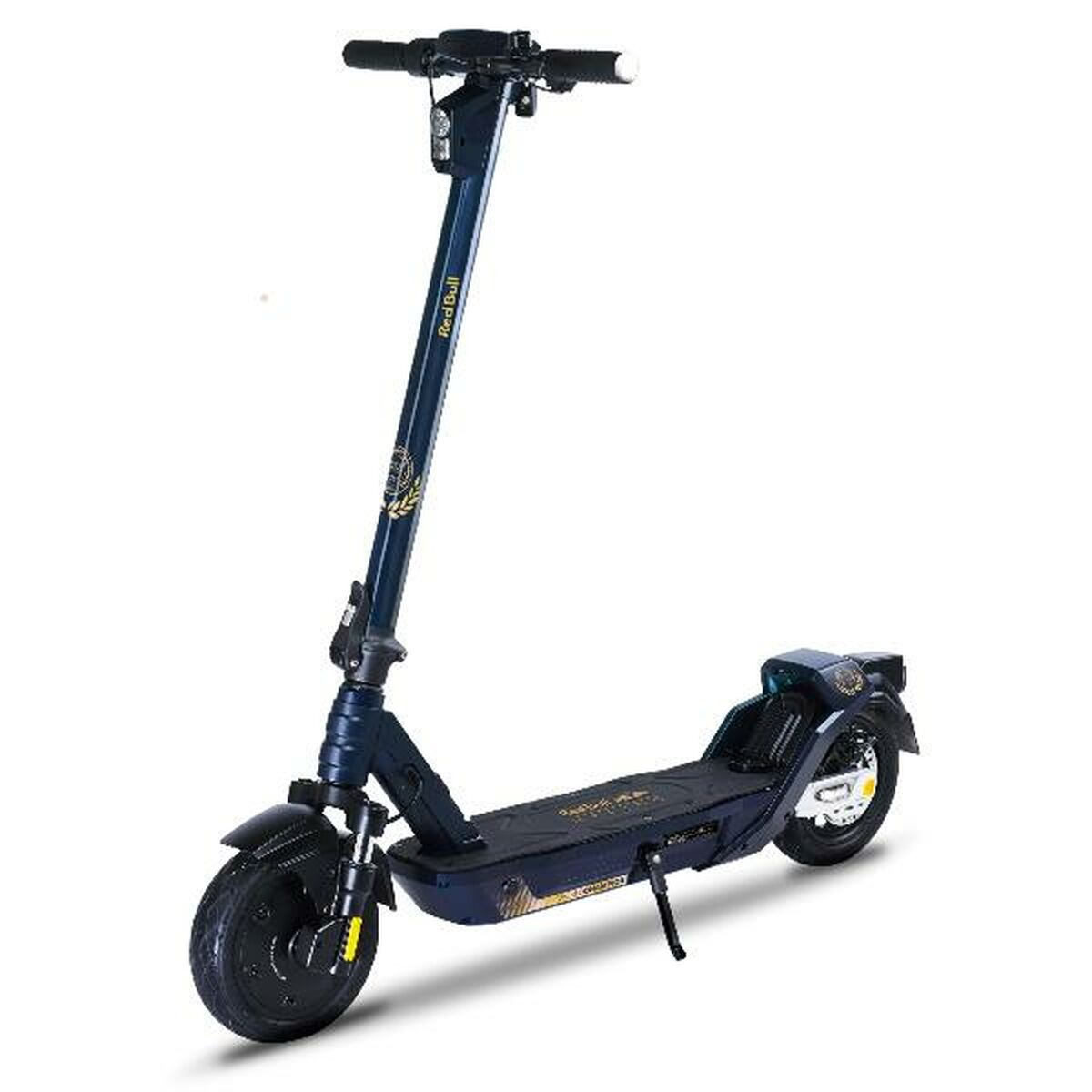 Un patinete eléctrico Red Bull azul sobre fondo blanco. Tiene una plataforma negra y un manillar.