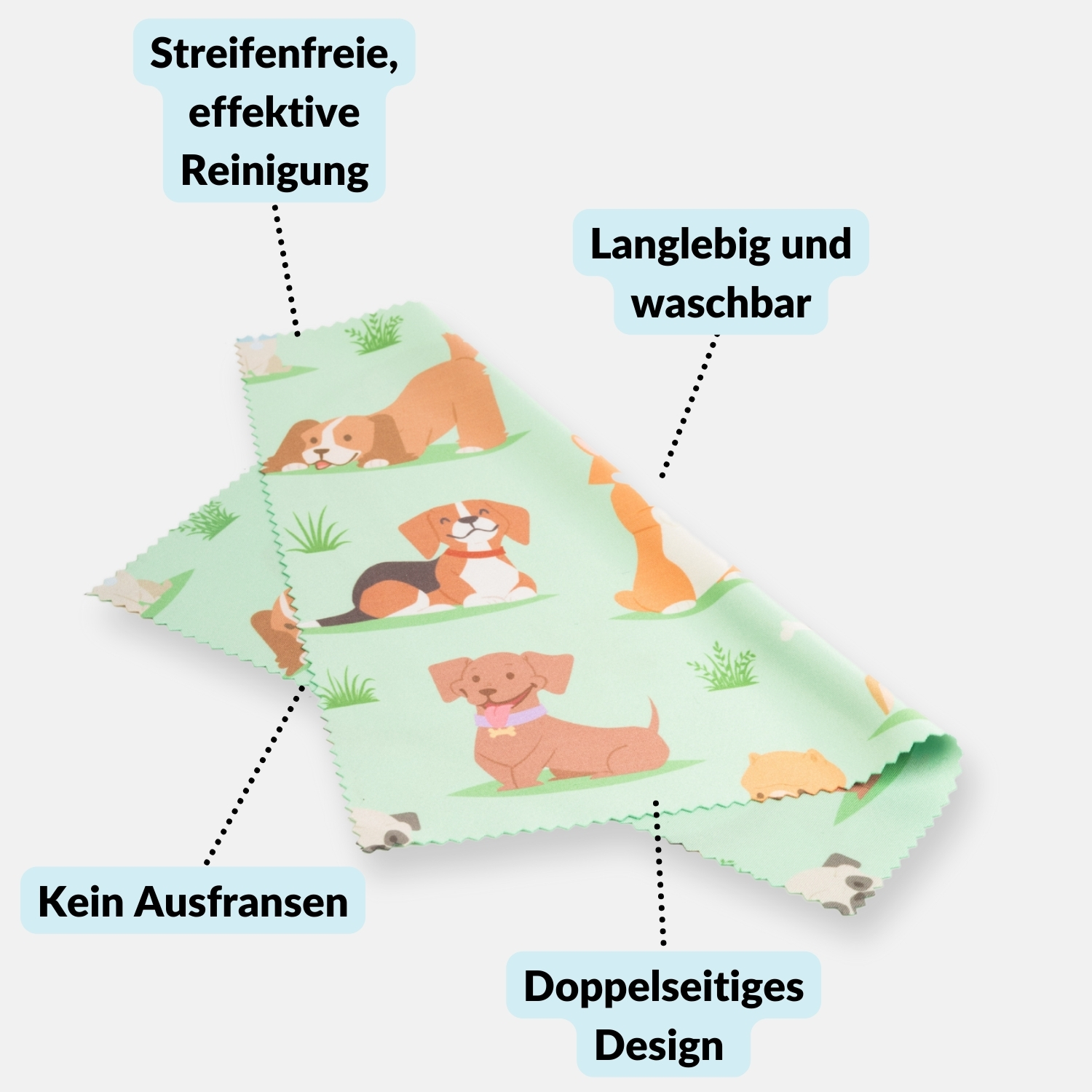 Hellgrünes Putztuch mit Hundeillustrationen und Text über Funktionen.