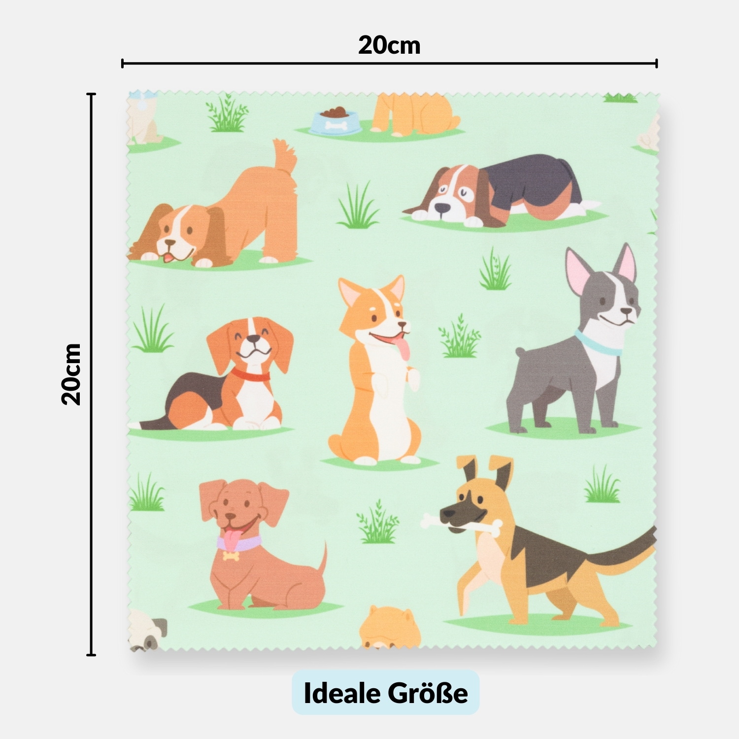 Ein Putztuch mit verschiedenen Hunden, mit den Abmessungen 20cm x 20cm.