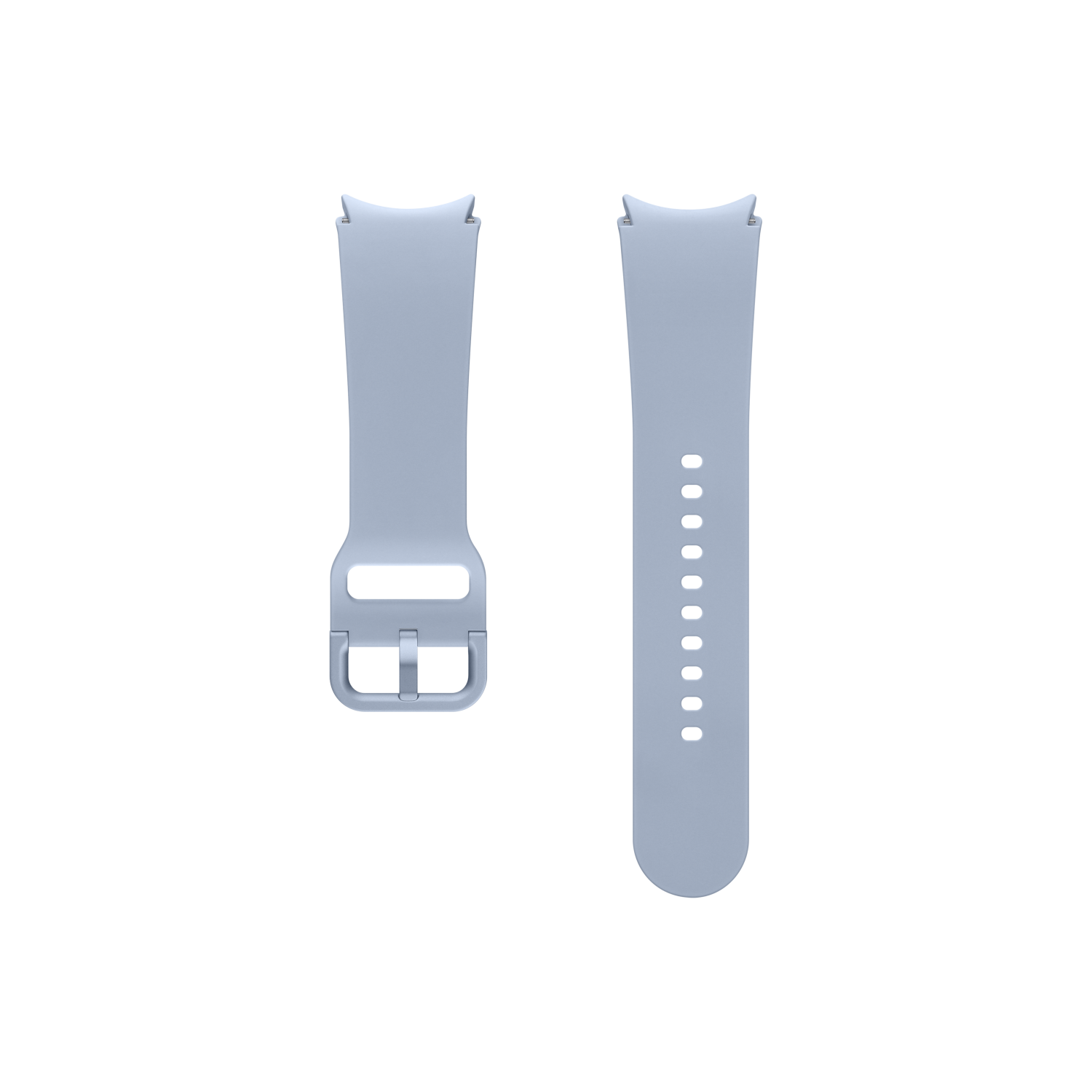 Dwa jasnoniebieskie paski do zegarka z klamrą i otworami do regulacji, na białym tle.