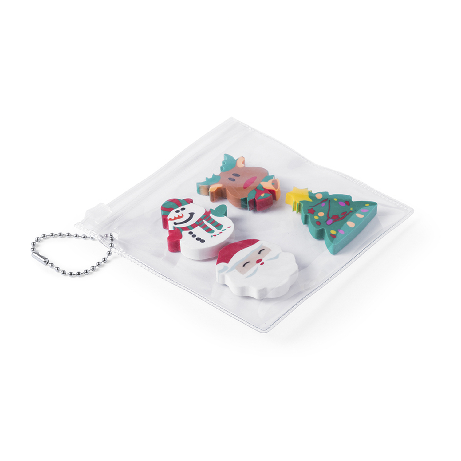 Transparente Plastiktüte mit Weihnachtsgummis: Schneemann, Rentier, Santa und Baum.