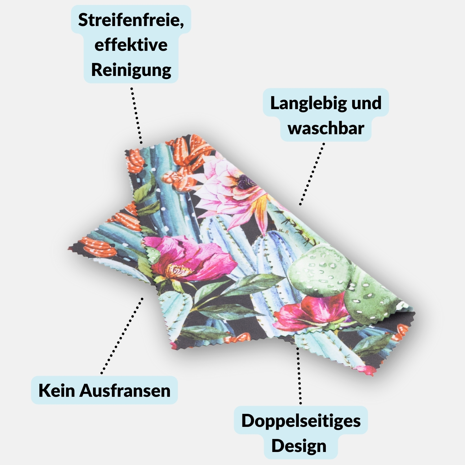 Reinigungstuch mit Kaktus- und Blumendruck, mit Textbeschriftungen für Funktionen.