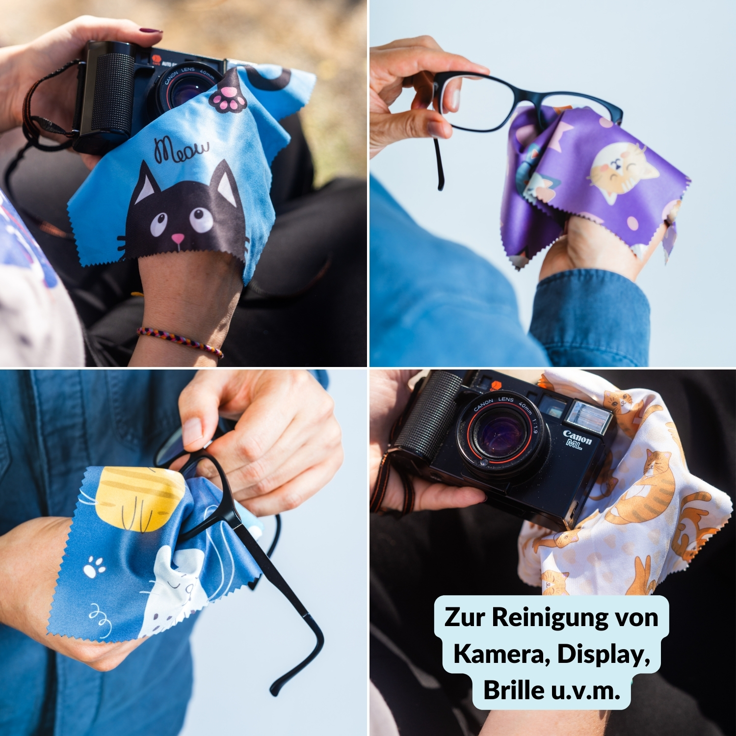 Collage von Reinigungstüchern mit Katzenmotiven, die Kameras und Brillen reinigen.