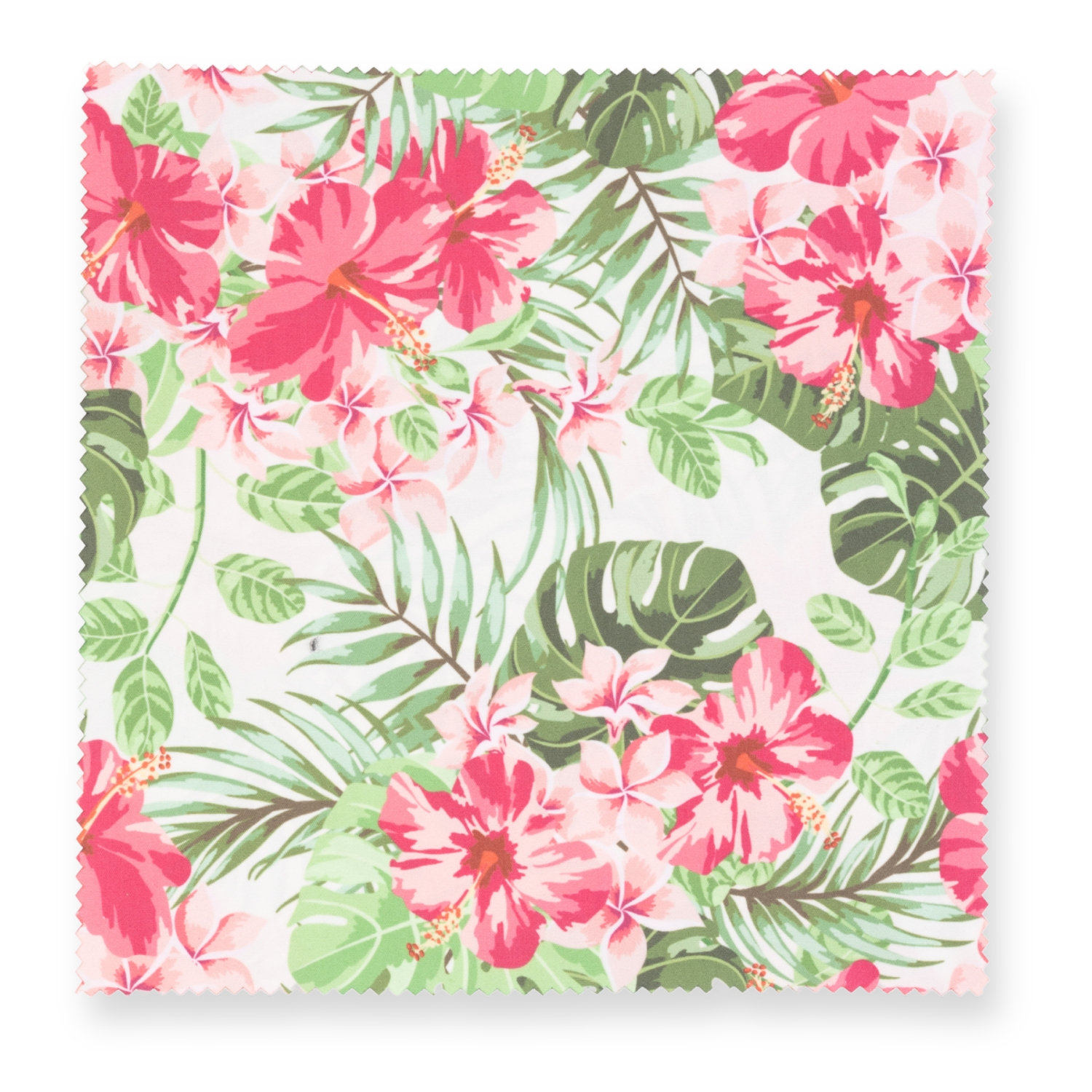 Stoffmuster mit rosa Hibiskusblüten, grünen Blättern und weißem Hintergrund.